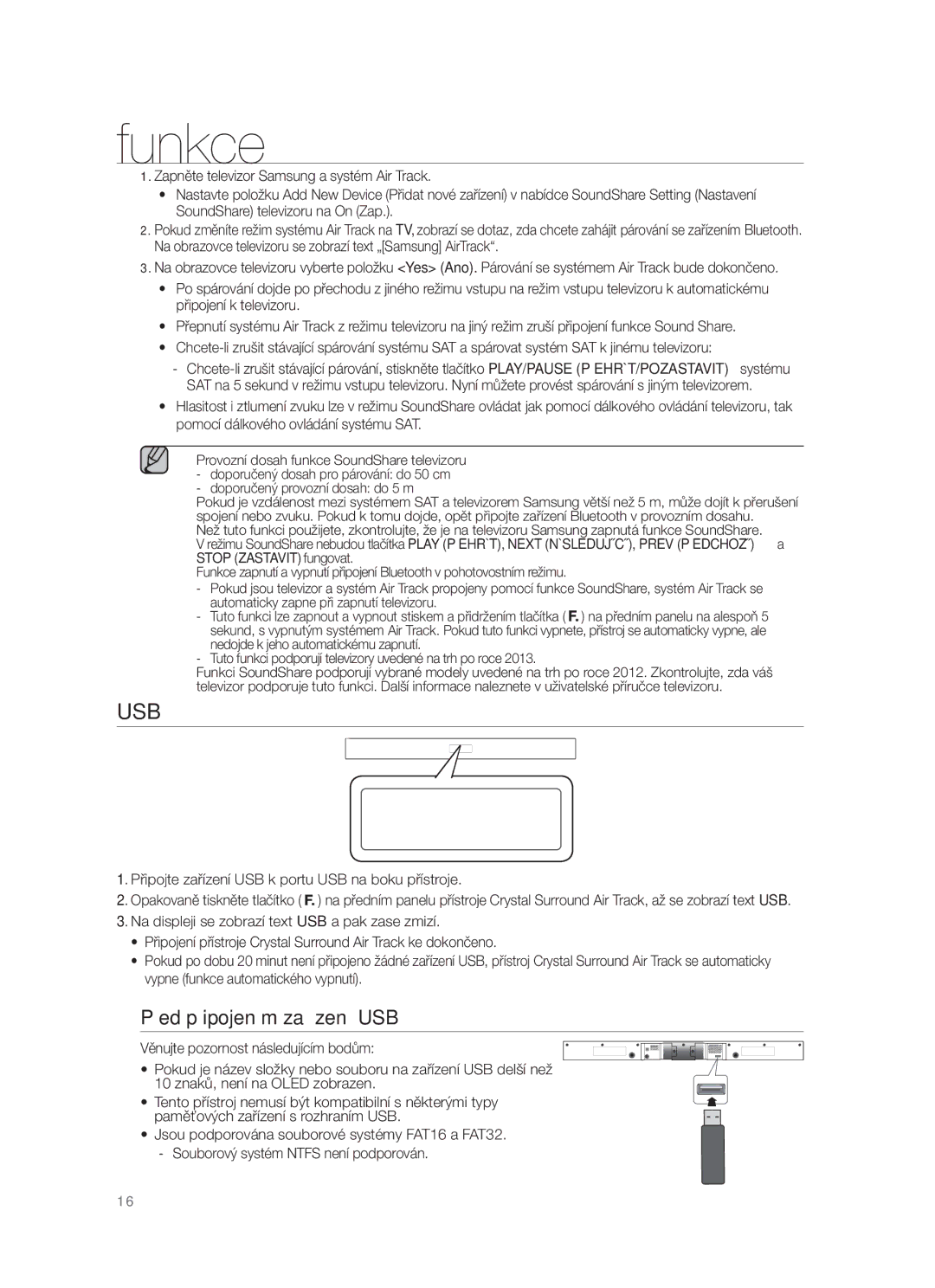 Samsung HW-F355/EN, HW-F350/XN manual Před připojením zařízení USB, Připojte zařízení USB k portu USB na boku přístroje 