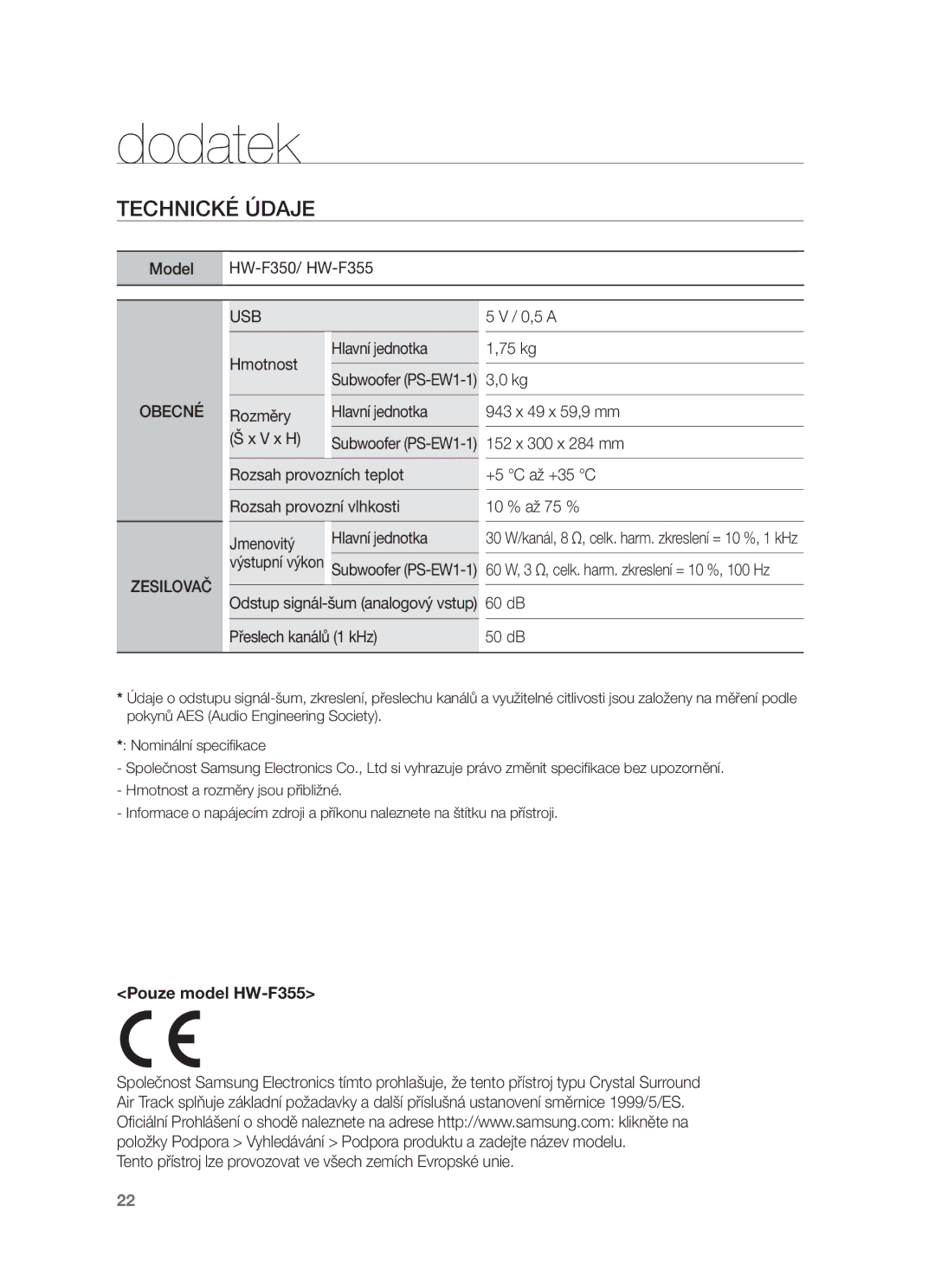 Samsung HW-F350/XN, HW-F355/EN, HW-F350/EN manual Technické Údaje, Pouze model HW-F355, Výstupní výkon, Subwoofer PS-EW1-1 