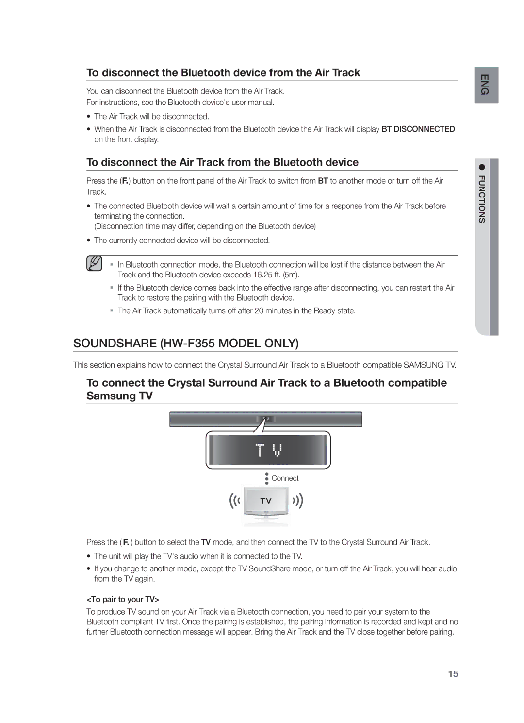 Samsung HW-F350/EN manual Soundshare HW-F355 Model only, To disconnect the Bluetooth device from the Air Track, Connect 