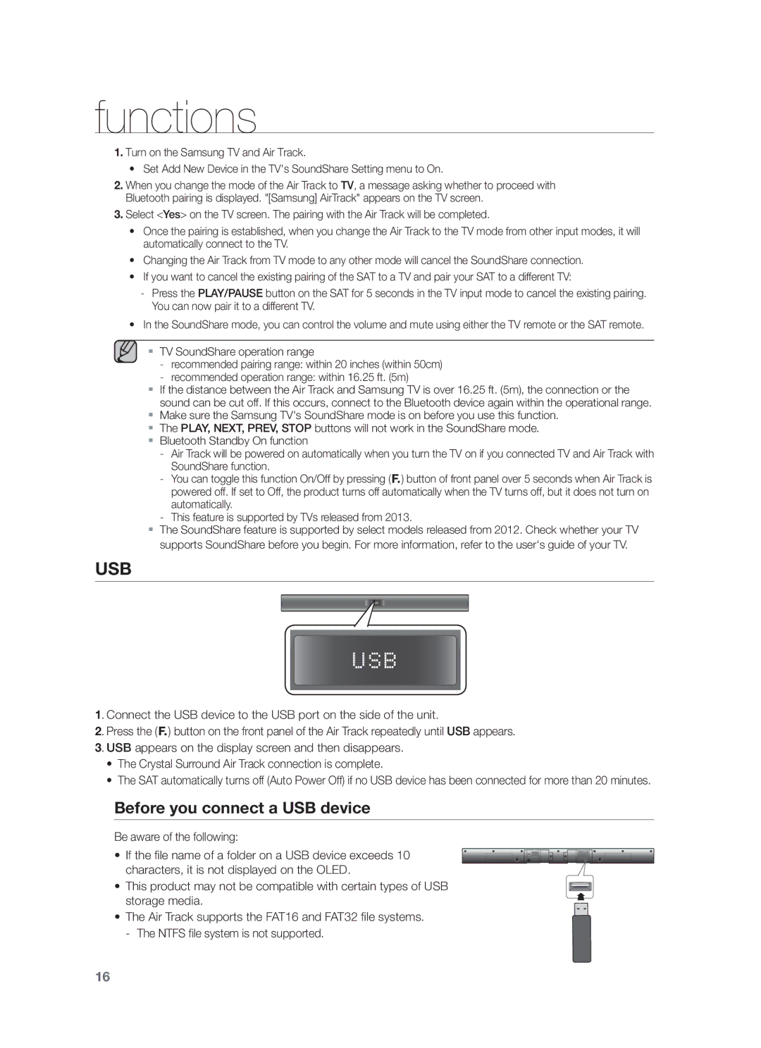 Samsung HW-F355/XN, HW-F355/EN, HW-F350/XN, HW-F355/TK, HW-F350/EN Before you connect a USB device, Be aware of the following 