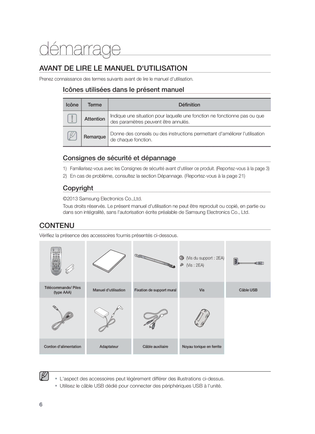 Samsung HW-F355/ZF, HW-F355/EN, HW-F350/XN, HW-F355/TK, HW-F350/EN Démarrage, Avant DE Lire LE Manuel Dutilisation, Contenu 