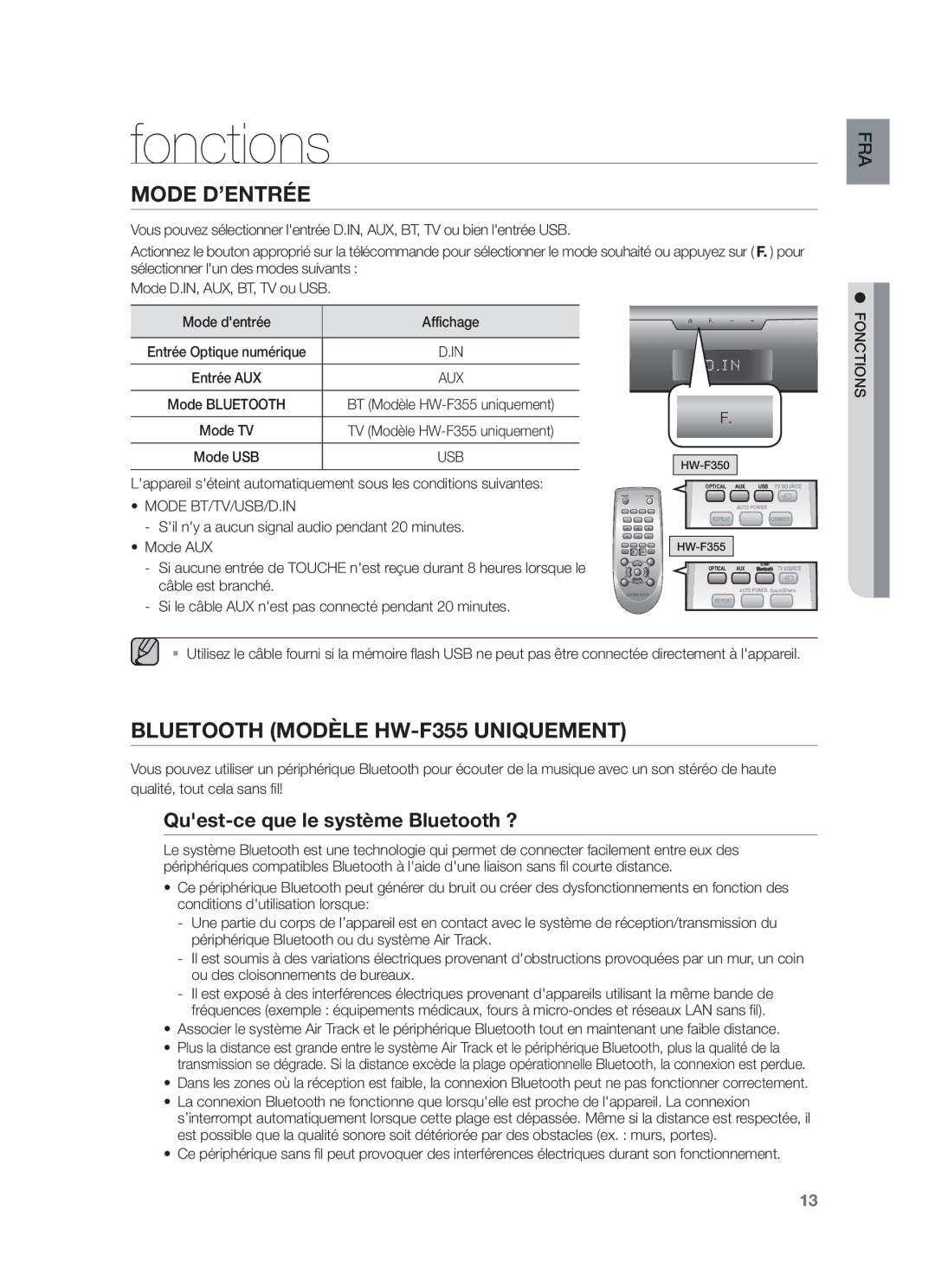 Samsung HW-F355/EN, HW-F350/XN, HW-F355/TK, HW-F350/EN Fonctions, Quest-ce que le système Bluetooth ?, Mode BT/TV/USB/D.IN 