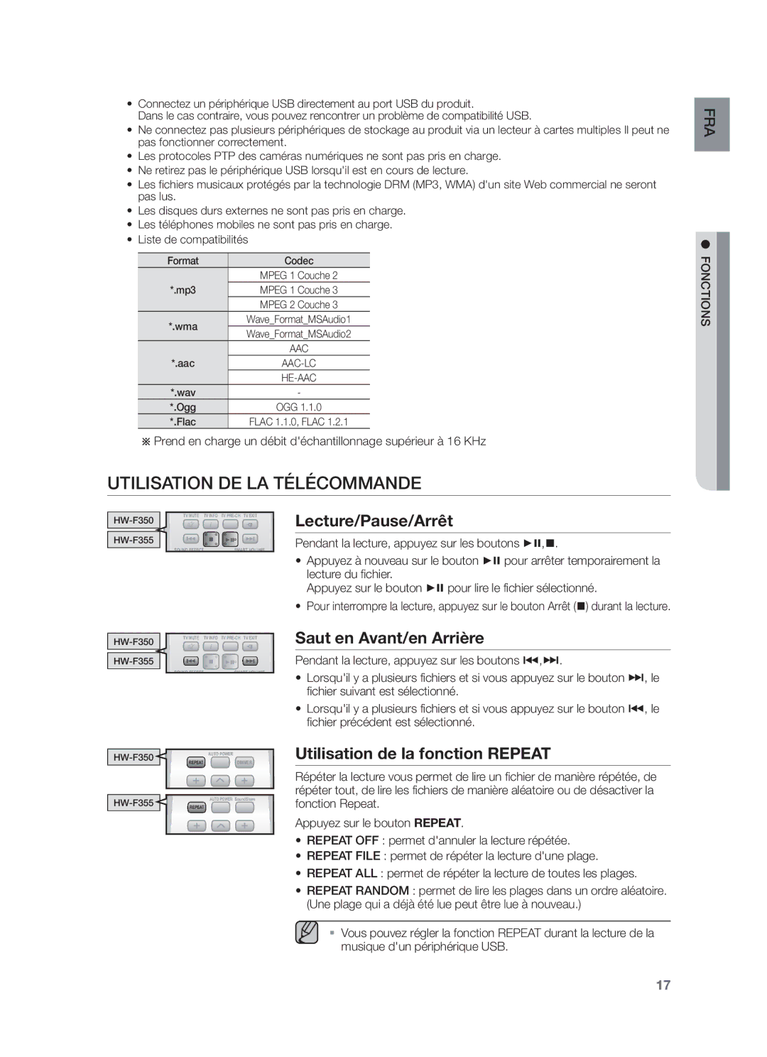 Samsung HW-F355/XN, HW-F355/EN, HW-F350/XN Utilisation DE LA Télécommande, Lecture/Pause/Arrêt, Saut en Avant/en Arrière 