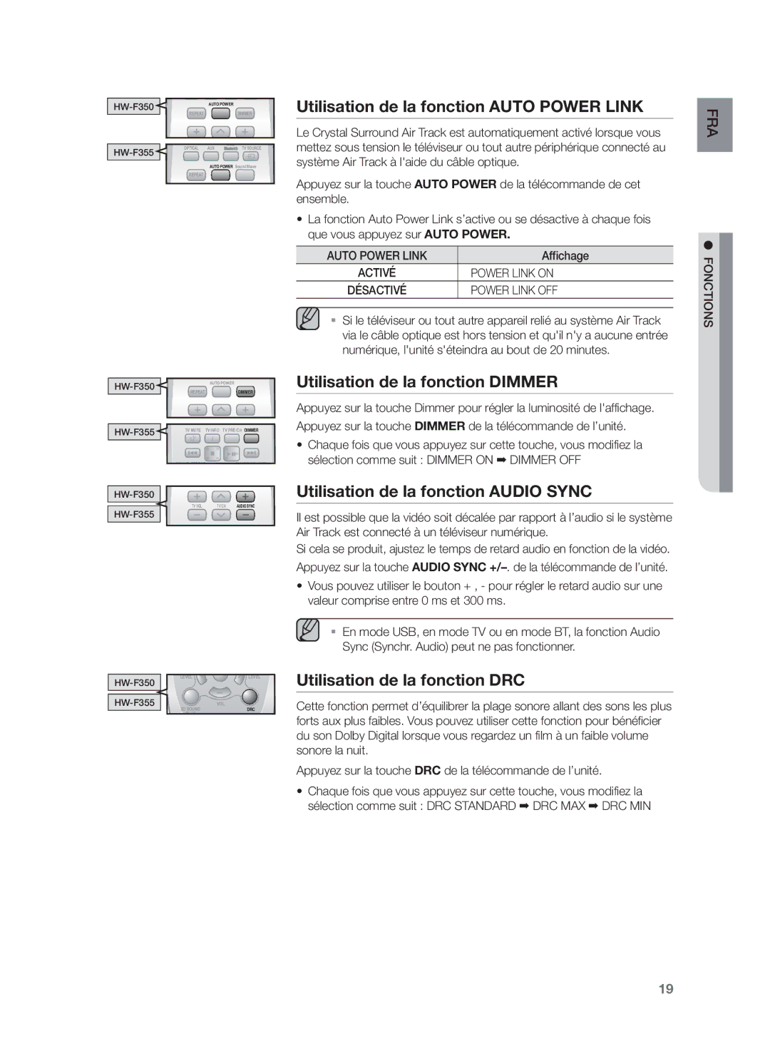 Samsung HW-F350/ZF, HW-F355/EN, HW-F350/XN Utilisation de la fonction Auto Power Link, Utilisation de la fonction Dimmer 