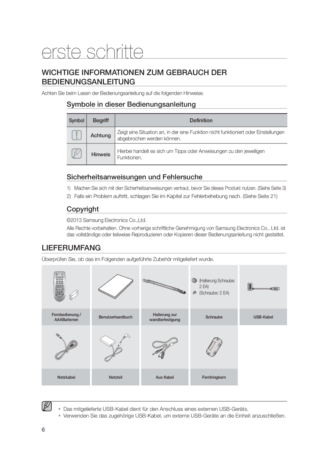 Samsung HW-F355/XN, HW-F355/EN Erste schritte, Wichtige Informationen ZUM Gebrauch DER Bedienungsanleitung, Lieferumfang 