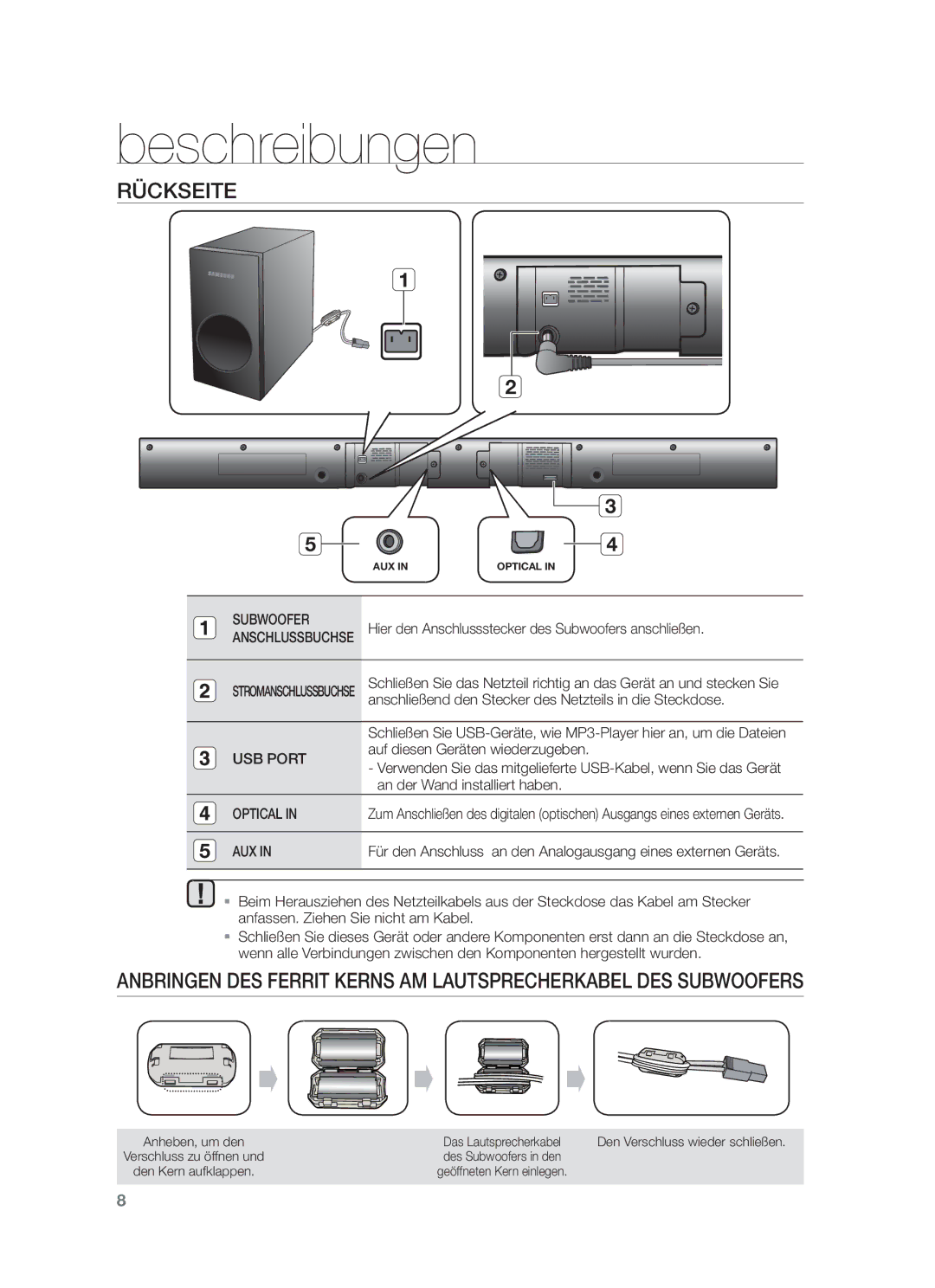 Samsung HW-F350/ZF Rückseite, Hier den Anschlussstecker des Subwoofers anschließen, Auf diesen Geräten wiederzugeben 