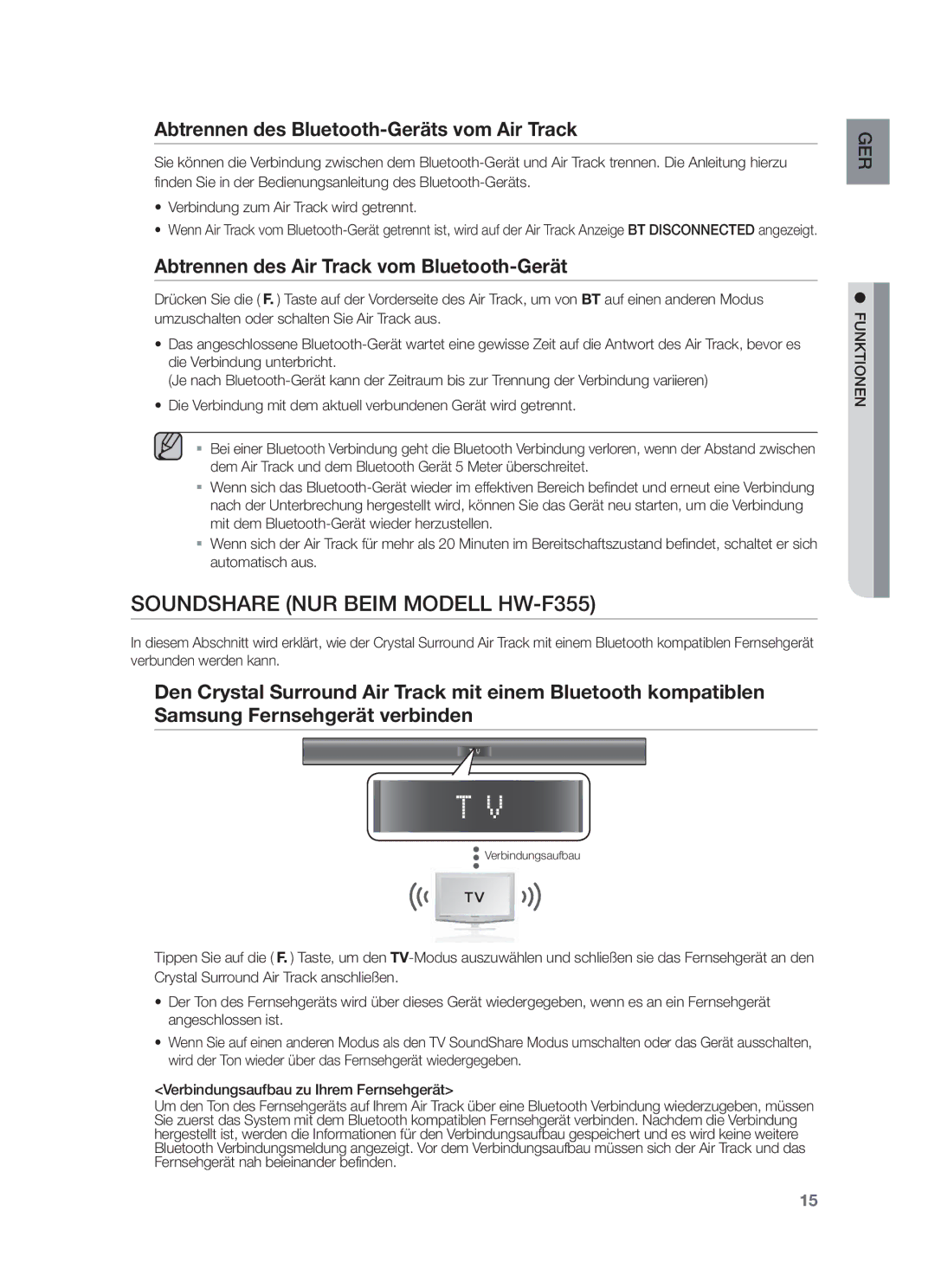 Samsung HW-F350/XN, HW-F355/EN, HW-F355/TK Soundshare NUR Beim Modell HW-F355, Abtrennen des Bluetooth-Geräts vom Air Track 