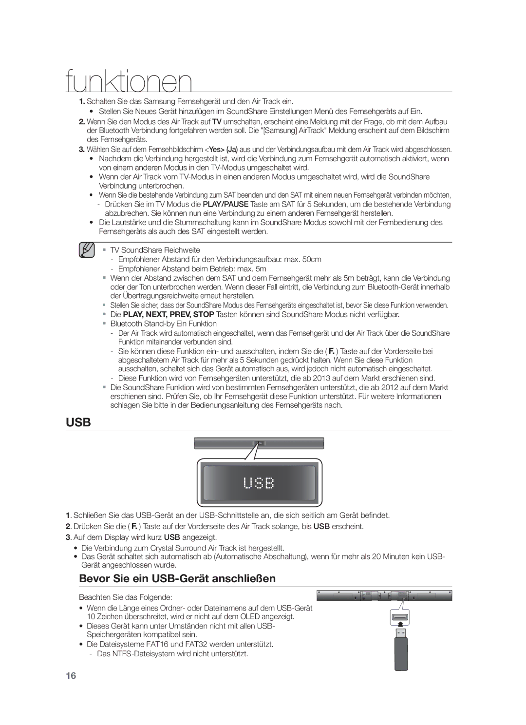 Samsung HW-F355/TK, HW-F355/EN, HW-F350/XN, HW-F350/EN manual Bevor Sie ein USB-Gerät anschließen, Beachten Sie das Folgende 