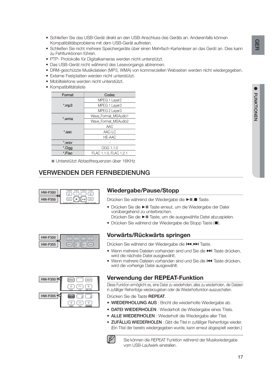 Samsung HW-F350/EN, HW-F355/EN, HW-F350/XN Verwenden DER Fernbedienung, Wiedergabe/Pause/Stopp, Vorwärts/Rückwärts springen 