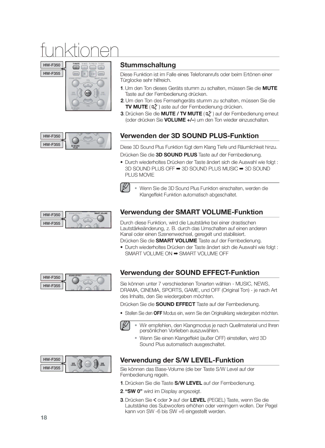 Samsung HW-F355/XN, HW-F355/EN Stummschaltung, Verwenden der 3D Sound PLUS-Funktion, Verwendung der Smart VOLUME-Funktion 