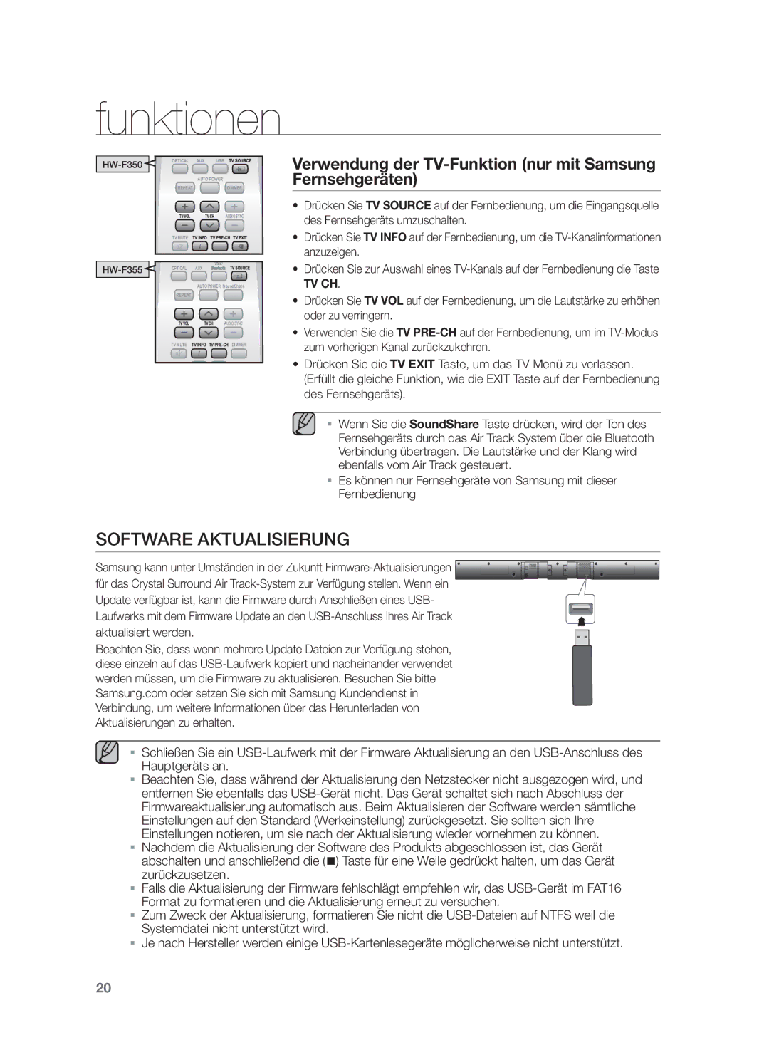 Samsung HW-F350/ZF, HW-F355/EN manual Software Aktualisierung, Verwendung der TV-Funktion nur mit Samsung Fernsehgeräten 