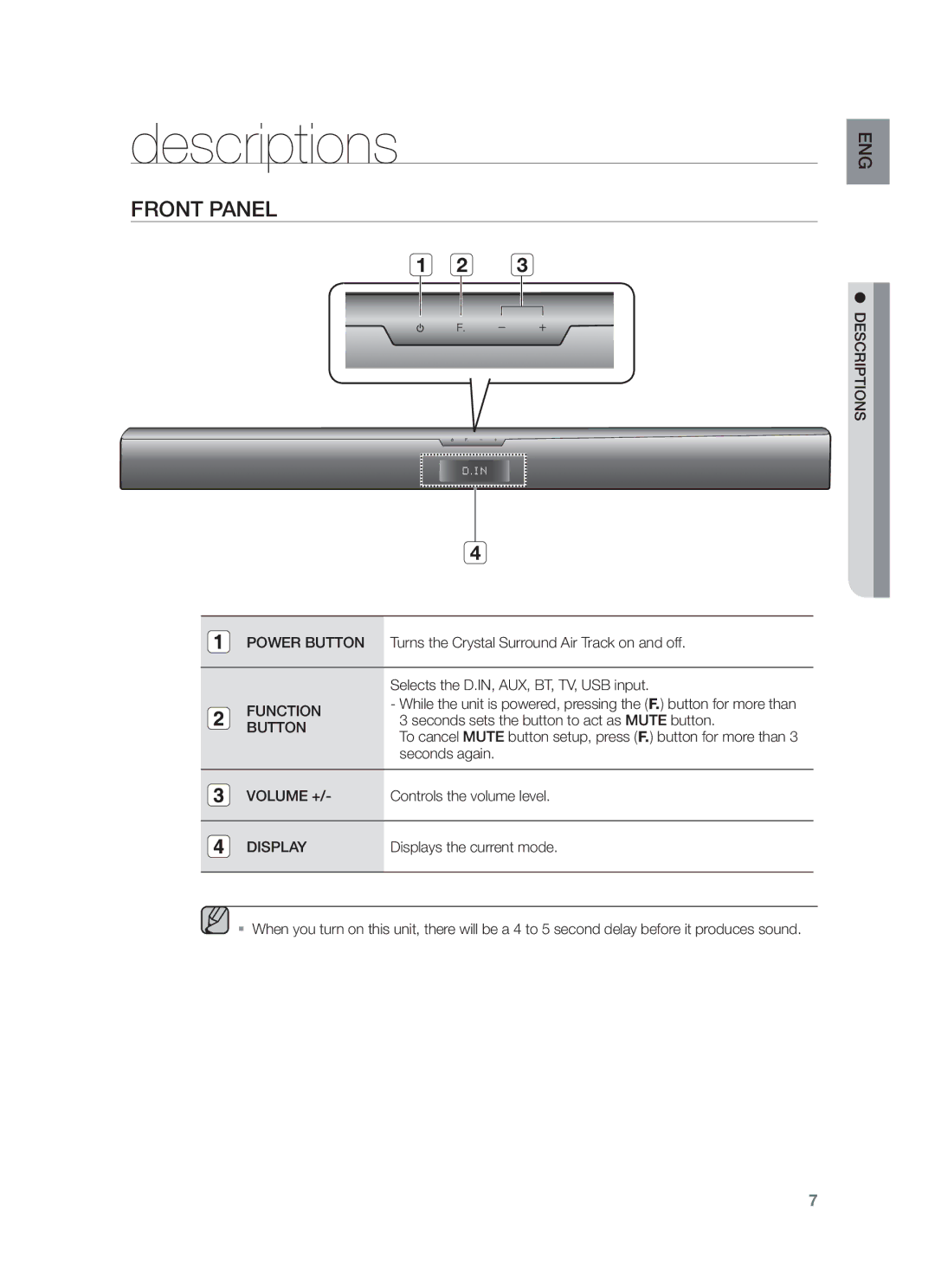 Samsung HW-F355/SJ, HW-F355/EN, HW-F350/XN, HW-F355/TK, HW-F350/EN, HW-F355/XN, HW-F355/ZF, HW-F350/ZF Descriptions, Front Panel 