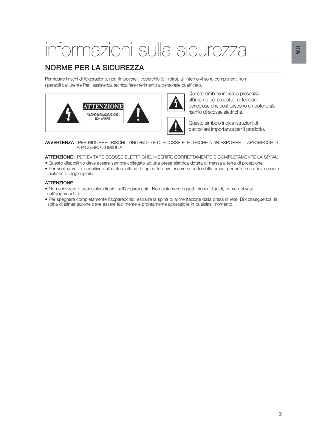 Samsung HW-F355/EN, HW-F350/XN, HW-F355/TK, HW-F350/EN, HW-F355/XN manual Informazioni sulla sicurezza, Norme PER LA Sicurezza 