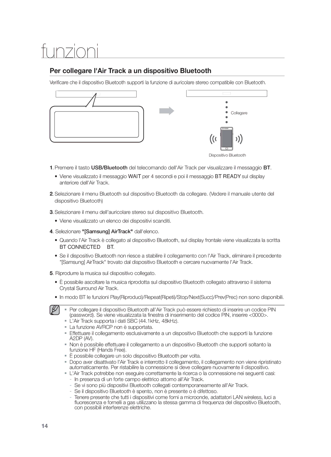 Samsung HW-F355/SQ, HW-F355/EN, HW-F350/XN, HW-F355/TK Per collegare lAir Track a un dispositivo Bluetooth, BT Connected BT 