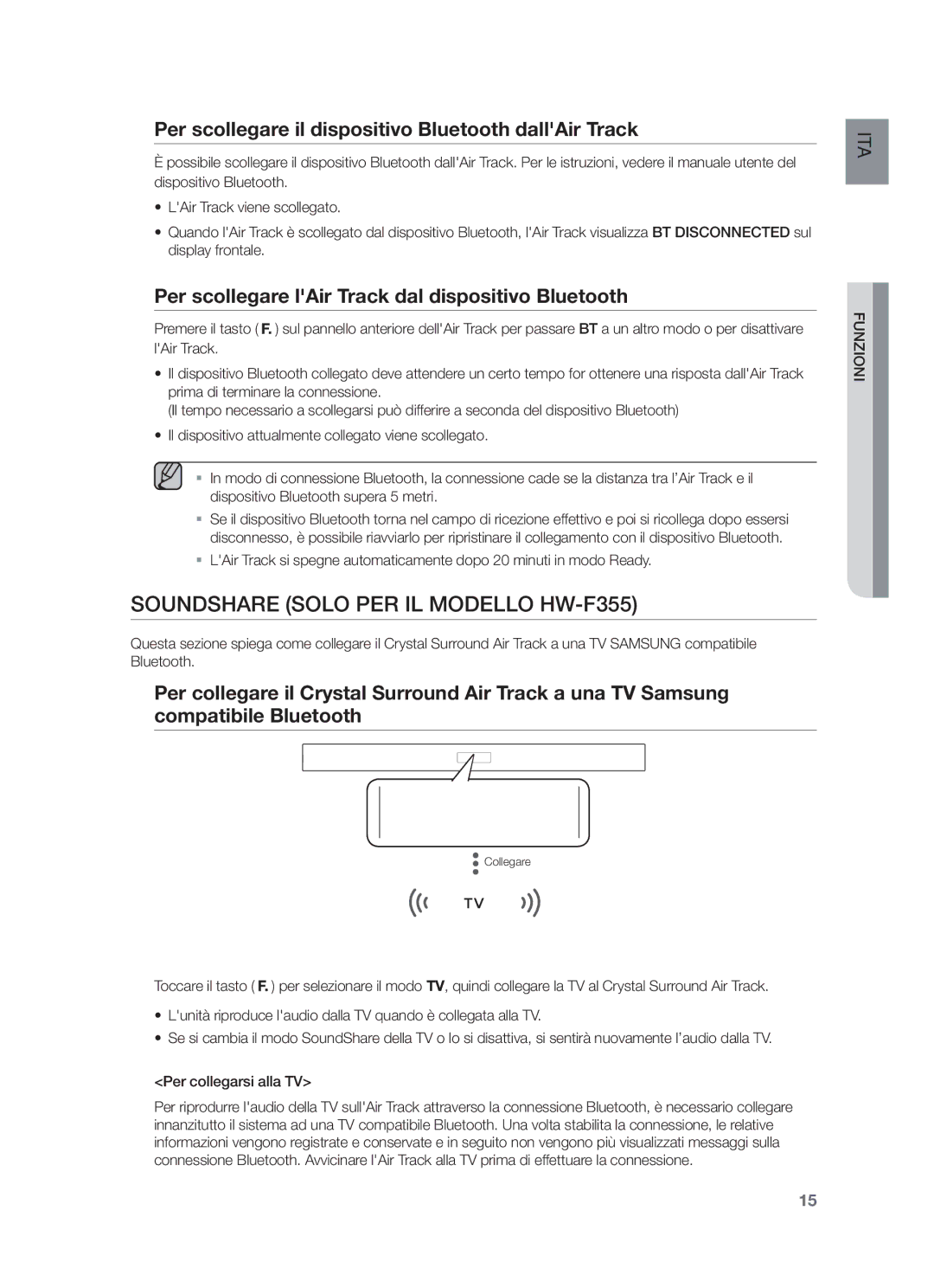 Samsung HW-F355/EN manual Soundshare Solo PER IL Modello HW-F355, Per scollegare il dispositivo Bluetooth dallAir Track 