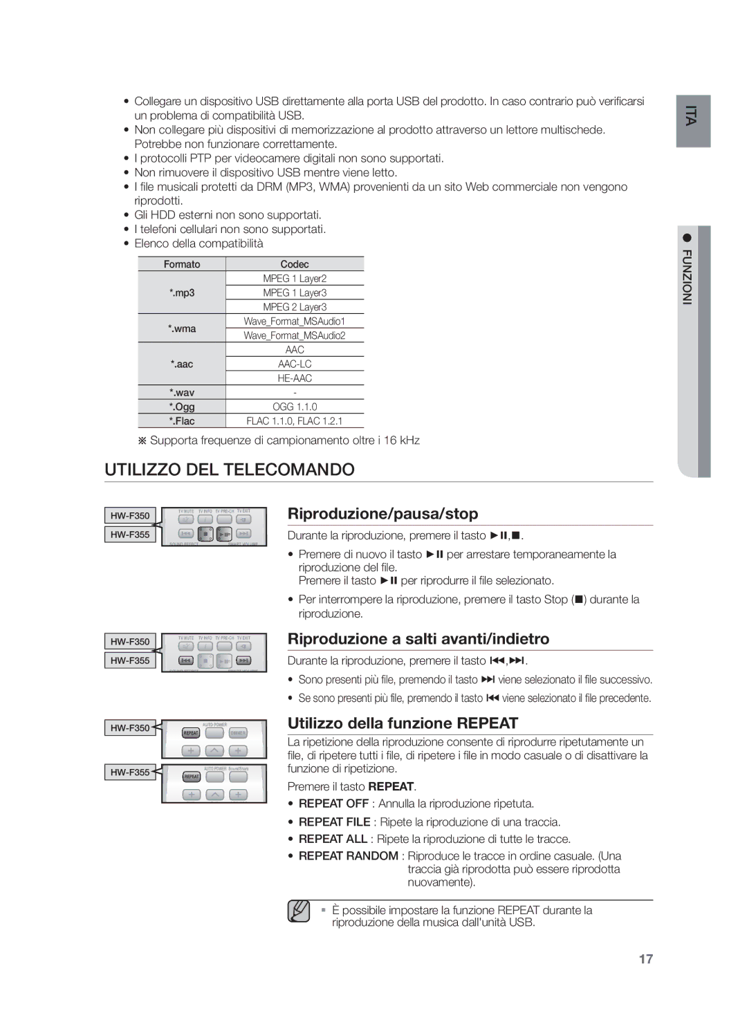 Samsung HW-F355/TK, HW-F355/EN Utilizzo DEL Telecomando, Riproduzione/pausa/stop, Riproduzione a salti avanti/indietro 