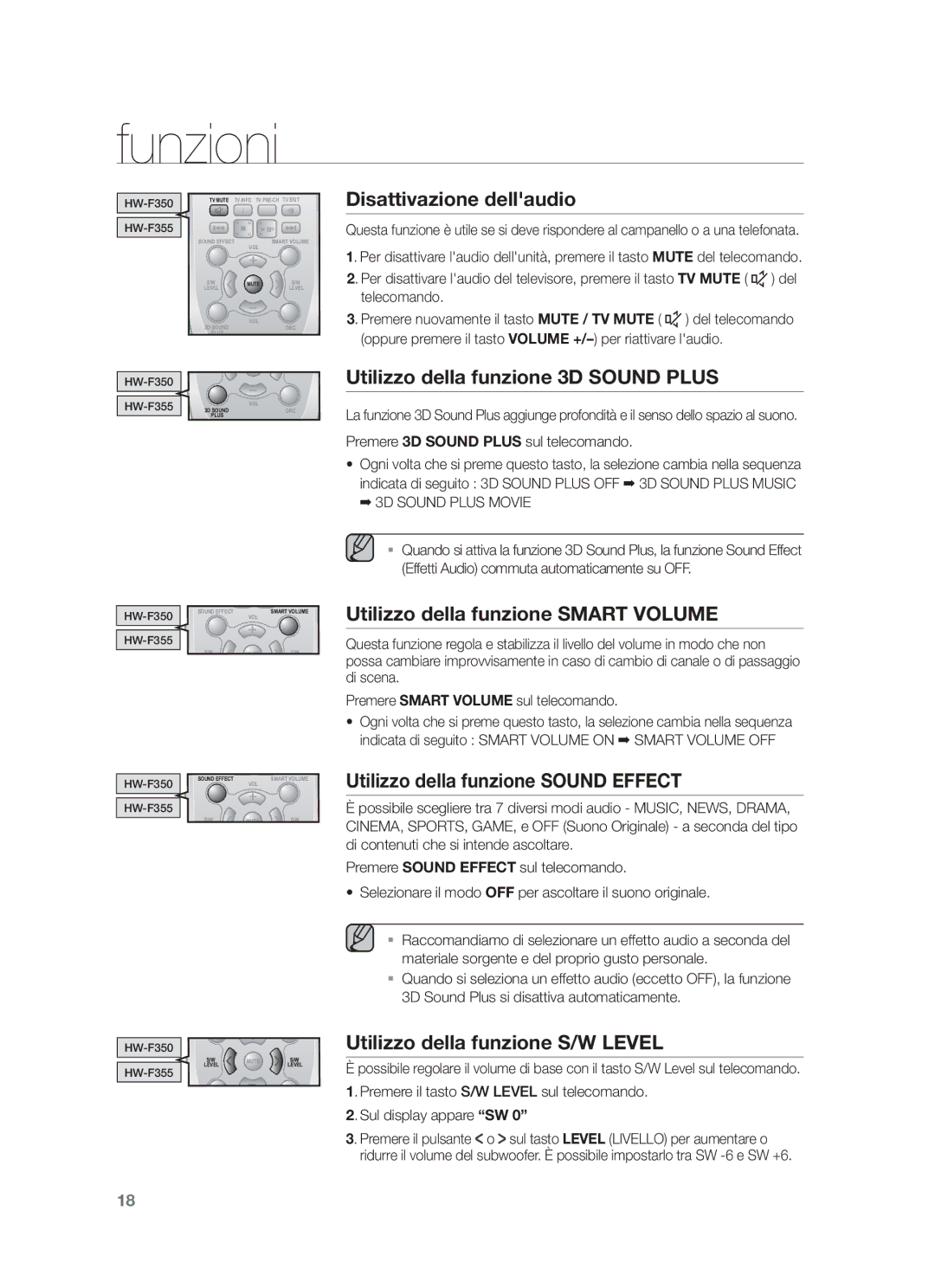 Samsung HW-F350/EN Disattivazione dellaudio, Utilizzo della funzione 3D Sound Plus, Utilizzo della funzione Smart Volume 
