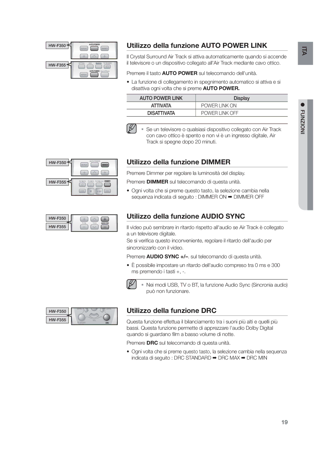 Samsung HW-F355/XN Utilizzo della funzione Auto Power Link, Utilizzo della funzione Dimmer, Utilizzo della funzione DRC 