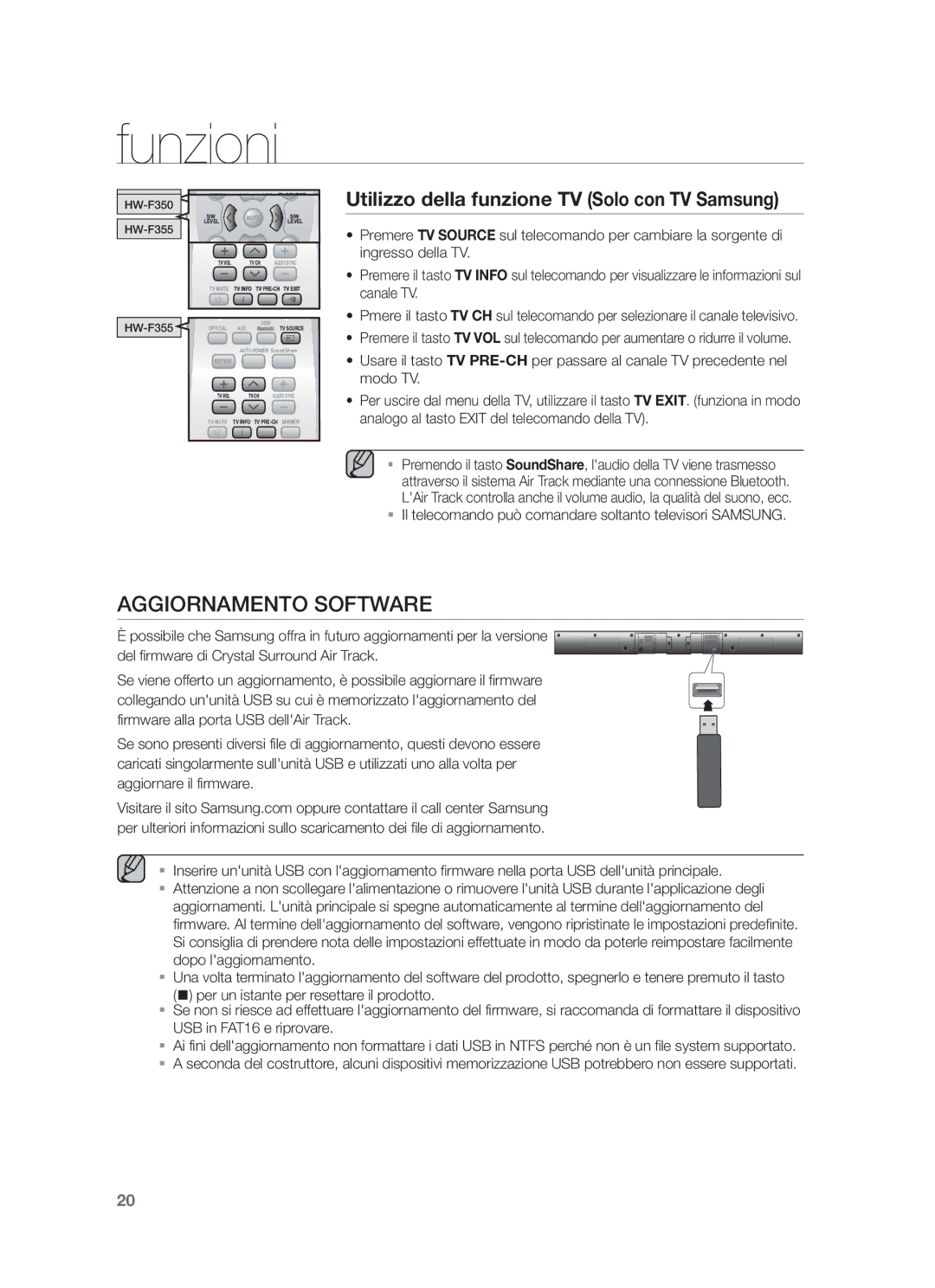 Samsung HW-F355/ZF, HW-F355/EN, HW-F350/XN manual Aggiornamento Software, Utilizzo della funzione TV Solo con TV Samsung 