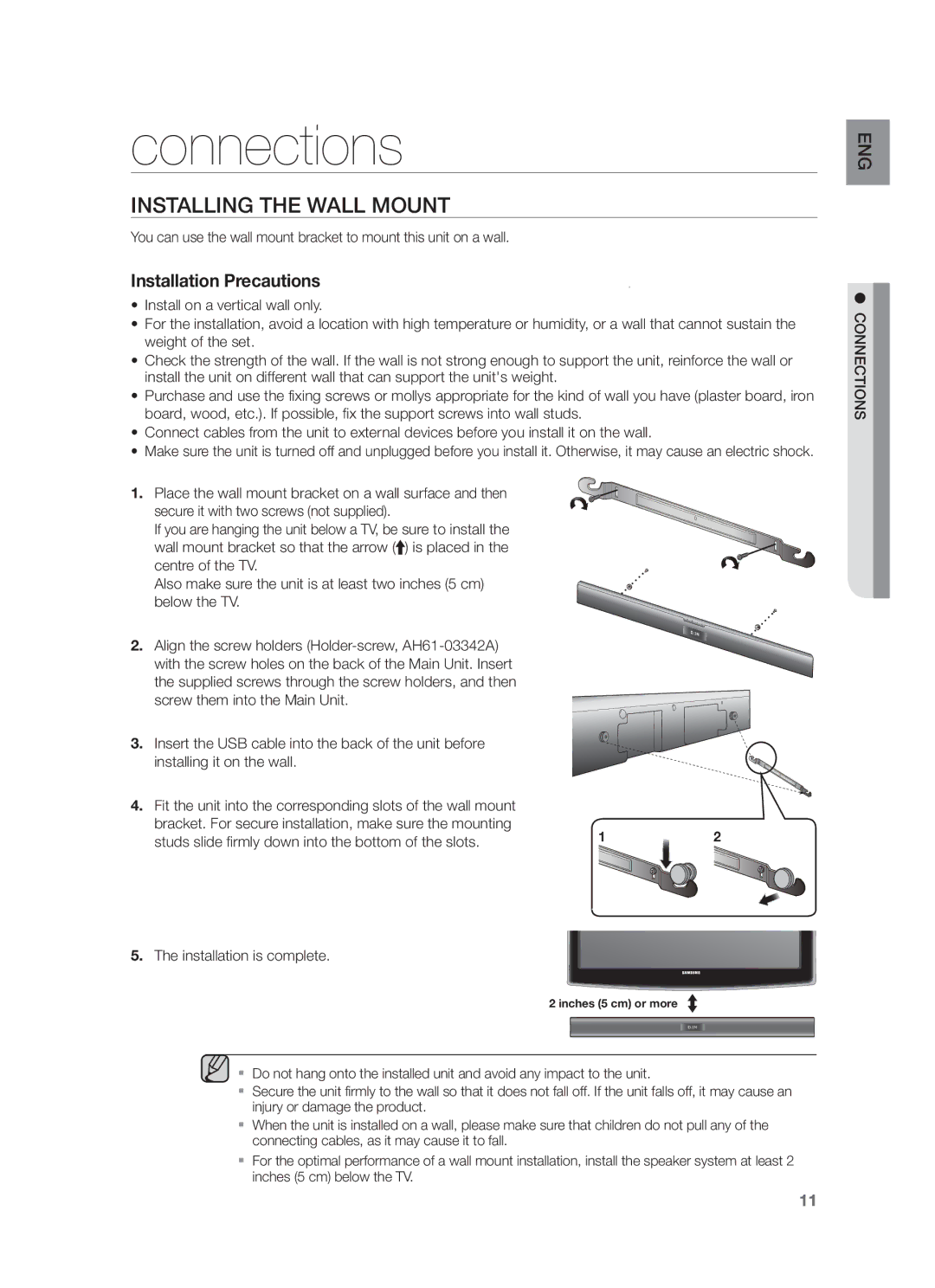 Samsung HW-F355/SQ, HW-F355/EN, HW-F350/XN, HW-F355/TK manual Connections, Installing the Wall Mount, Installation is complete 