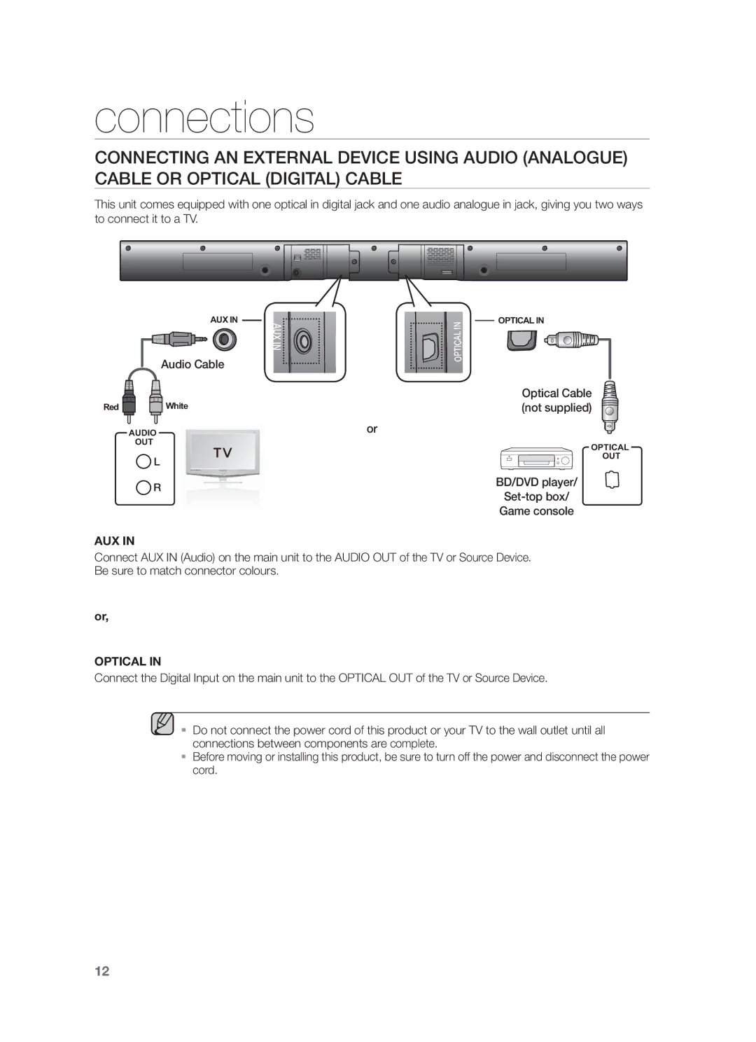 Samsung HW-F355/EN, HW-F350/XN, HW-F355/TK, HW-F350/EN, HW-F355/XN, HW-F355/ZF, HW-F350/ZF, HW-F355/SJ manual Audio Cable, Aux 