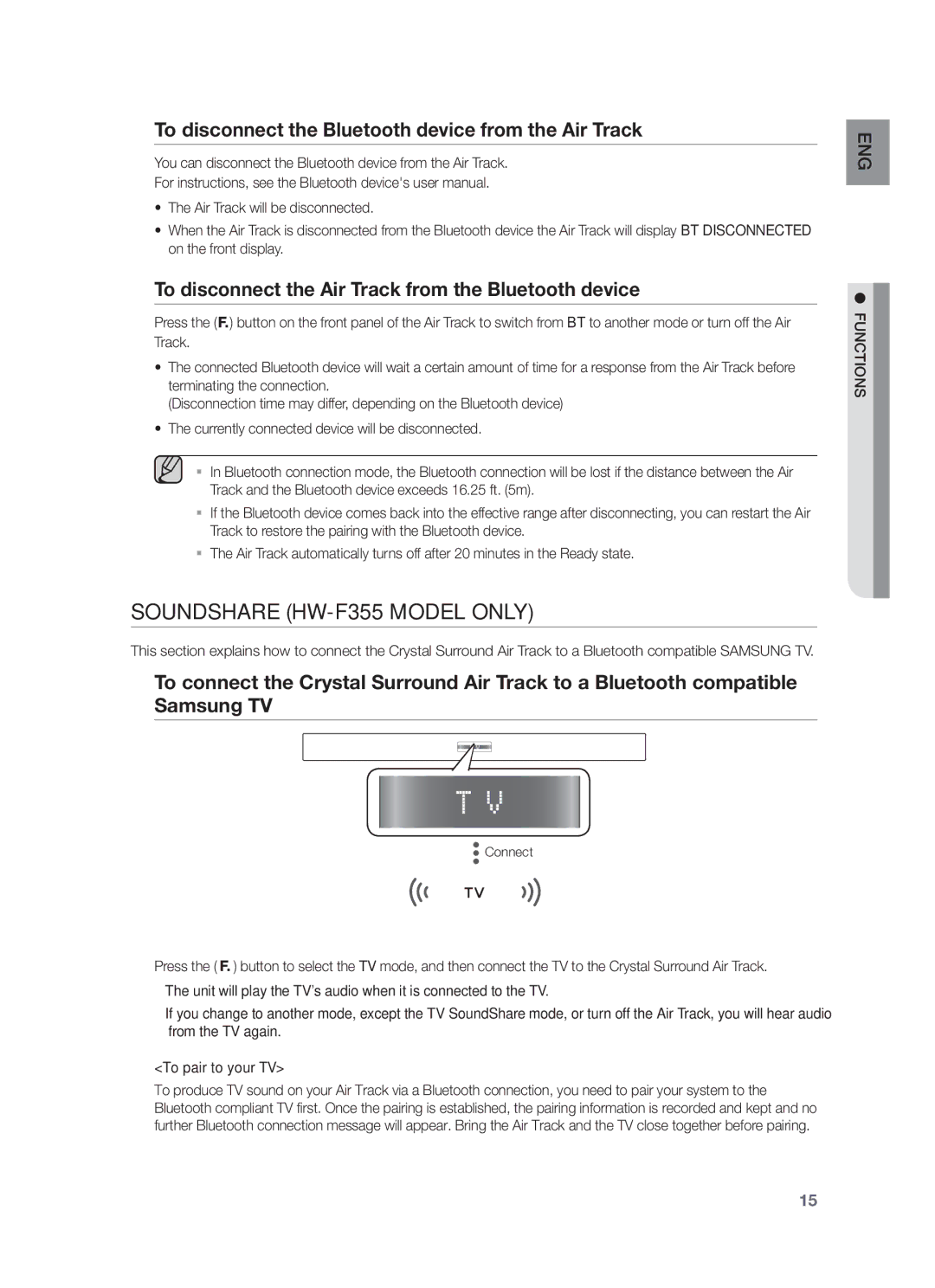 Samsung HW-F350/EN, HW-F355/EN manual Soundshare HW-F355 Model only, To disconnect the Bluetooth device from the Air Track 