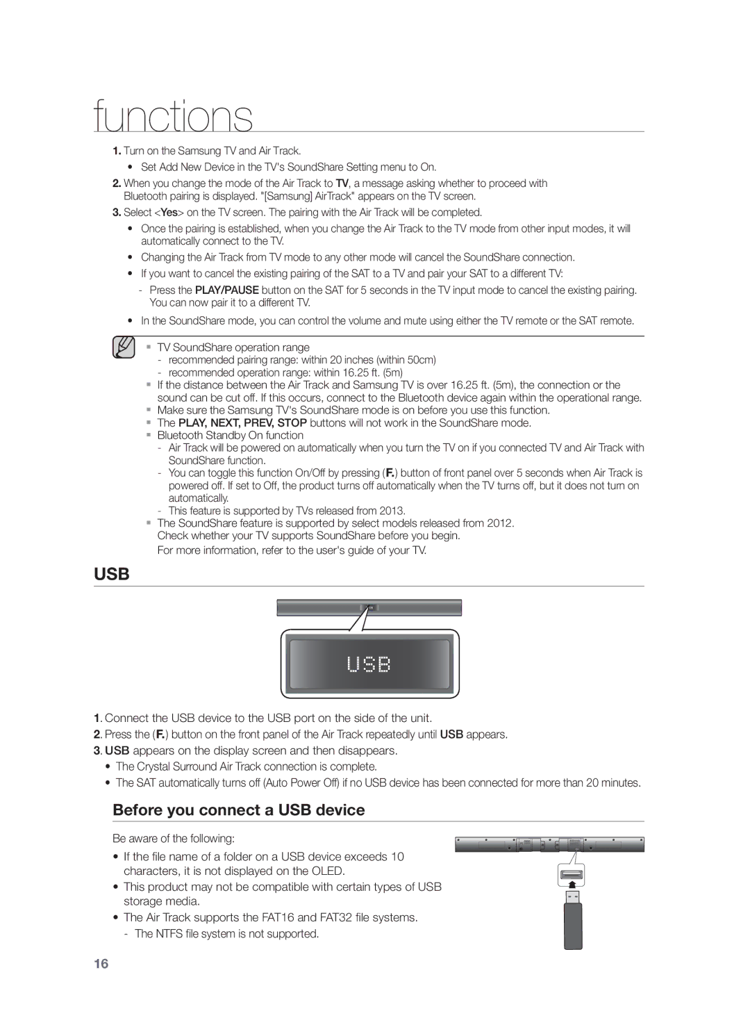 Samsung HW-F355/XN, HW-F355/EN, HW-F350/XN, HW-F355/TK, HW-F350/EN Before you connect a USB device, Be aware of the following 