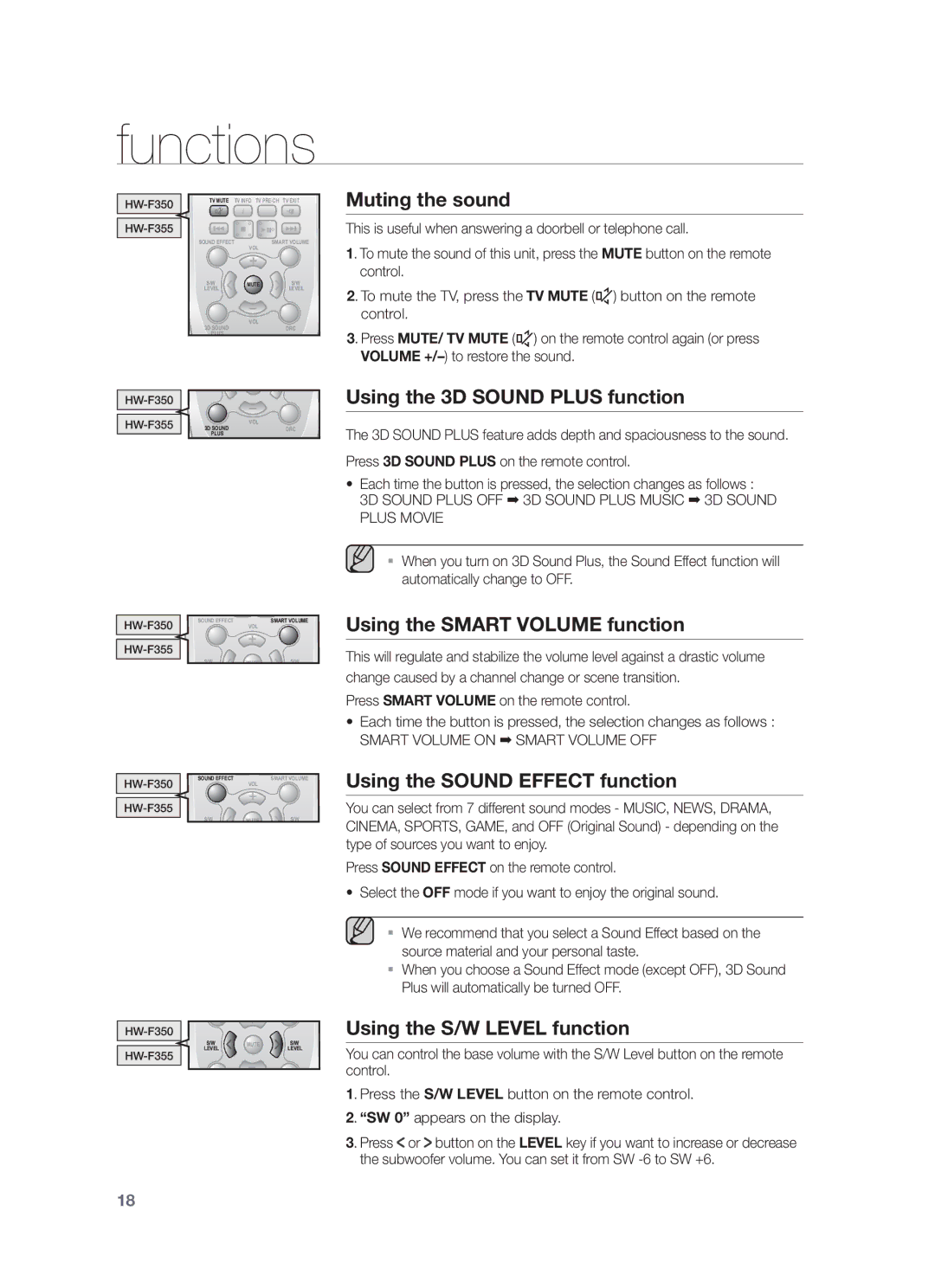 Samsung HW-F350/ZF, HW-F355/EN manual Muting the sound, Using the 3D Sound Plus function, Using the Smart Volume function 