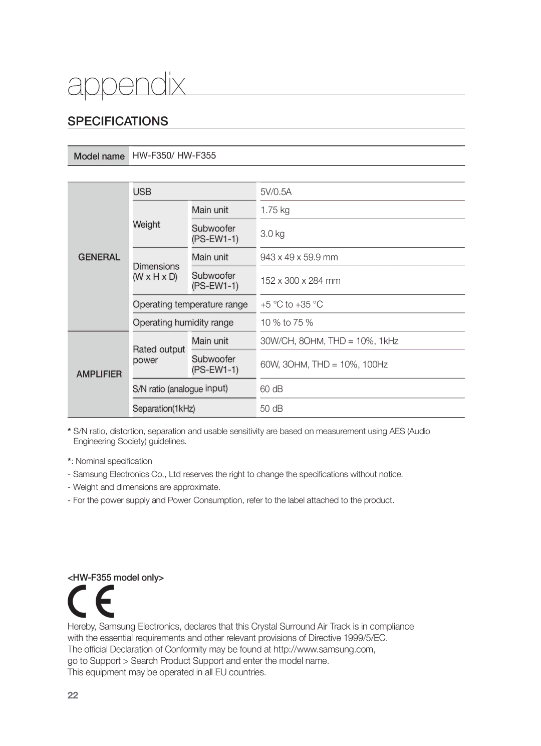 Samsung HW-F355/XE Appendix, Specifications, Weight Subwoofer PS-EW1-1, H x D Subwoofer PS-EW1-1, Power Subwoofer PS-EW1-1 