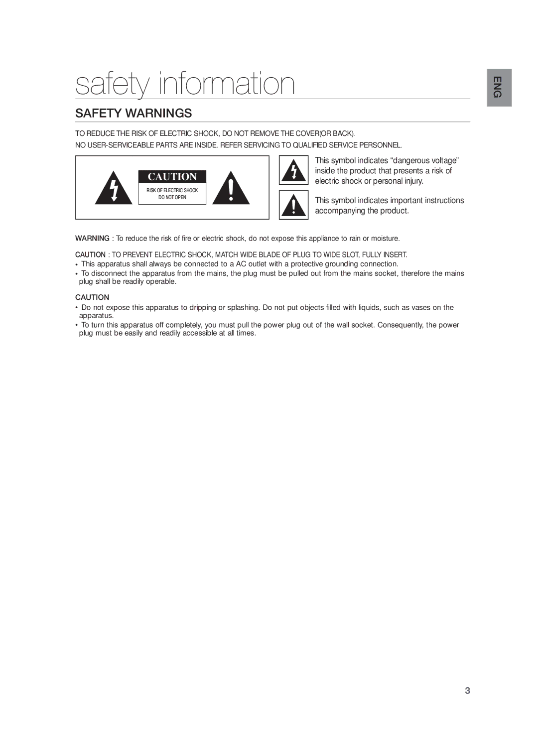 Samsung HW-F350/EN manual Safety information, Safety Warnings, Electric shock or personal injury, Accompanying the product 