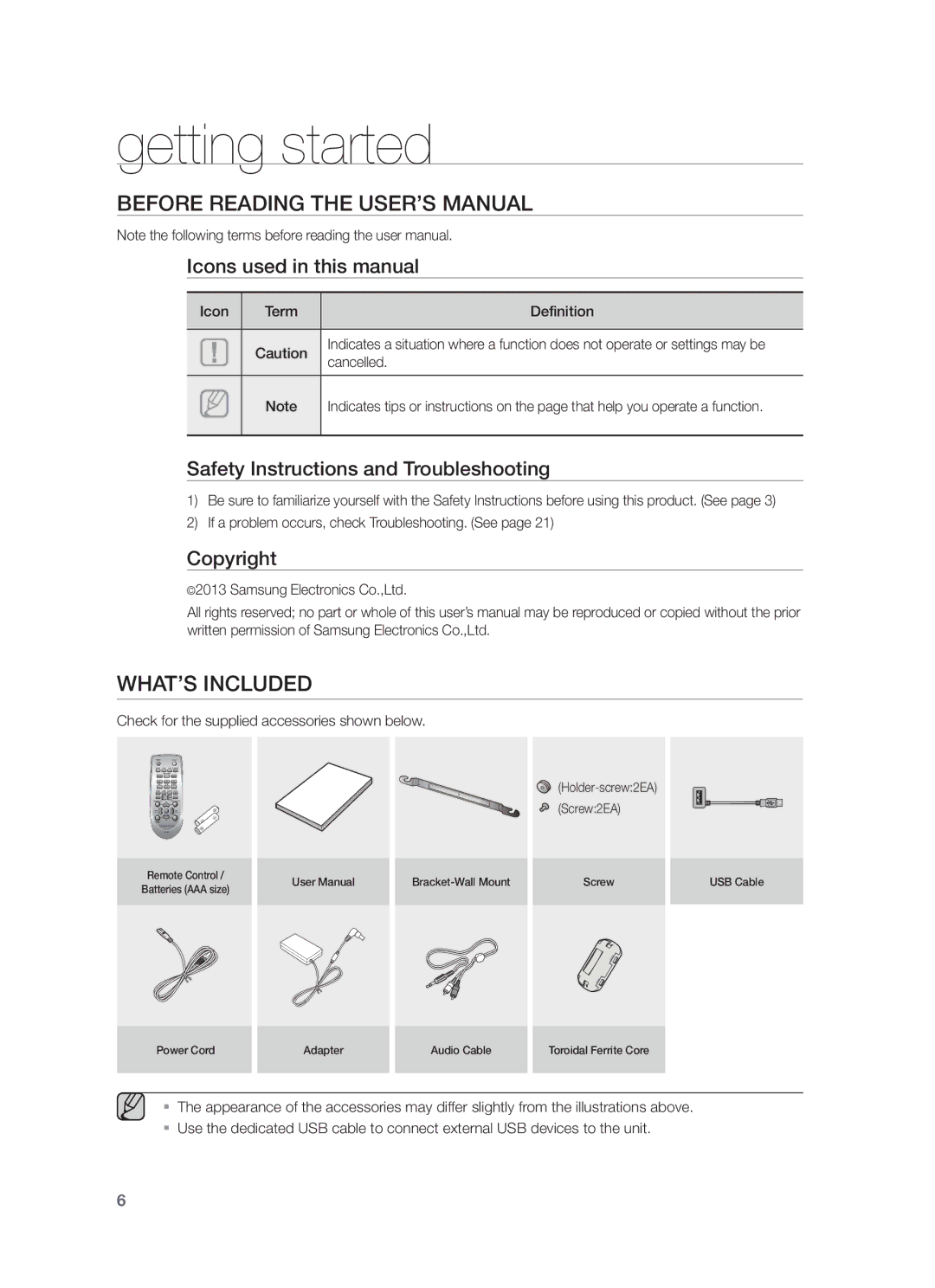 Samsung HW-F350/ZF, HW-F355/EN, HW-F350/XN, HW-F355/TK Getting started, Before Reading the USER’S Manual, WHAT’S Included 