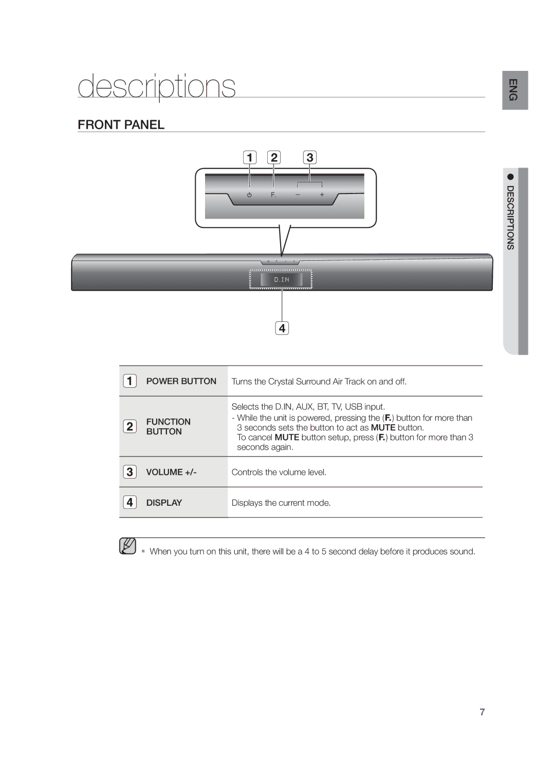 Samsung HW-F355/SJ, HW-F355/EN, HW-F350/XN, HW-F355/TK, HW-F350/EN, HW-F355/XN, HW-F355/ZF, HW-F350/ZF Descriptions, Front Panel 