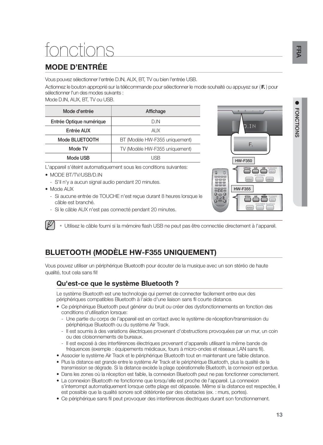 Samsung HW-F350/ZF, HW-F355/EN, HW-F350/XN, HW-F355/TK Fonctions, Quest-ce que le système Bluetooth ?, Mode BT/TV/USB/D.IN 