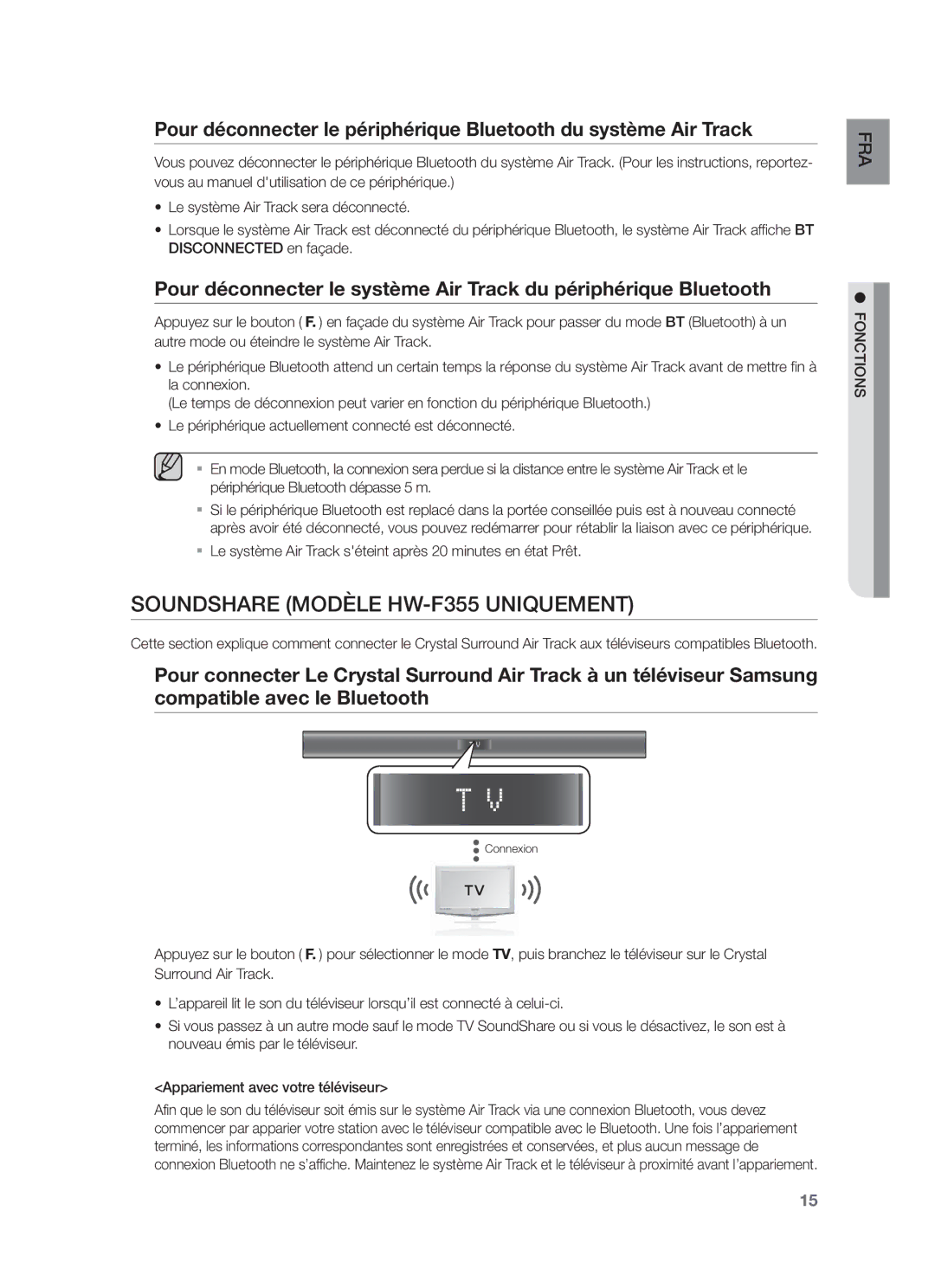 Samsung HW-F350/XN manual Soundshare Modèle HW-F355 Uniquement, Le système Air Track séteint après 20 minutes en état Prêt 