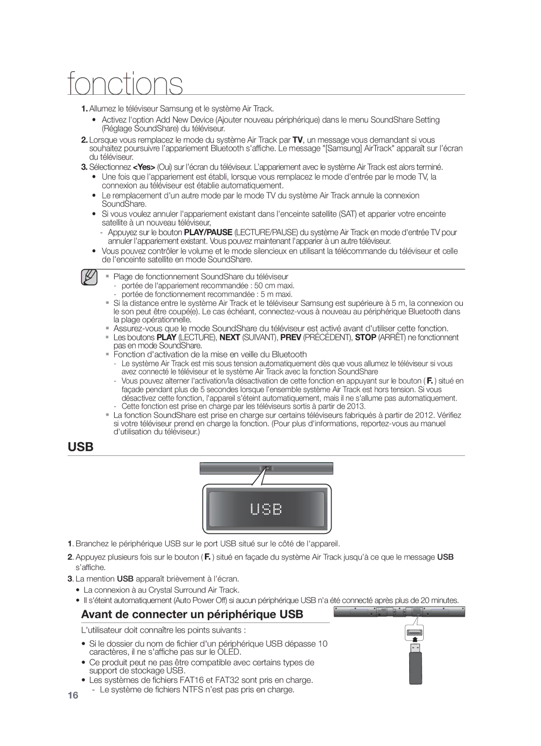 Samsung HW-F355/TK, HW-F355/EN, HW-F350/XN, HW-F350/EN, HW-F355/XN, HW-F355/ZF Usb, Avant de connecter un périphérique USB 