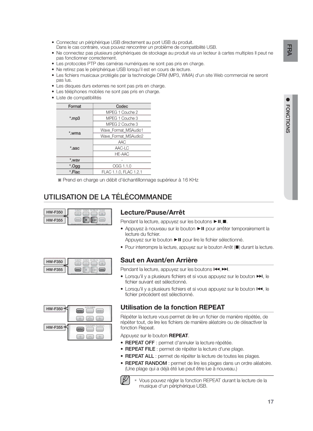 Samsung HW-F350/EN, HW-F355/EN, HW-F350/XN Utilisation DE LA Télécommande, Lecture/Pause/Arrêt, Saut en Avant/en Arrière 