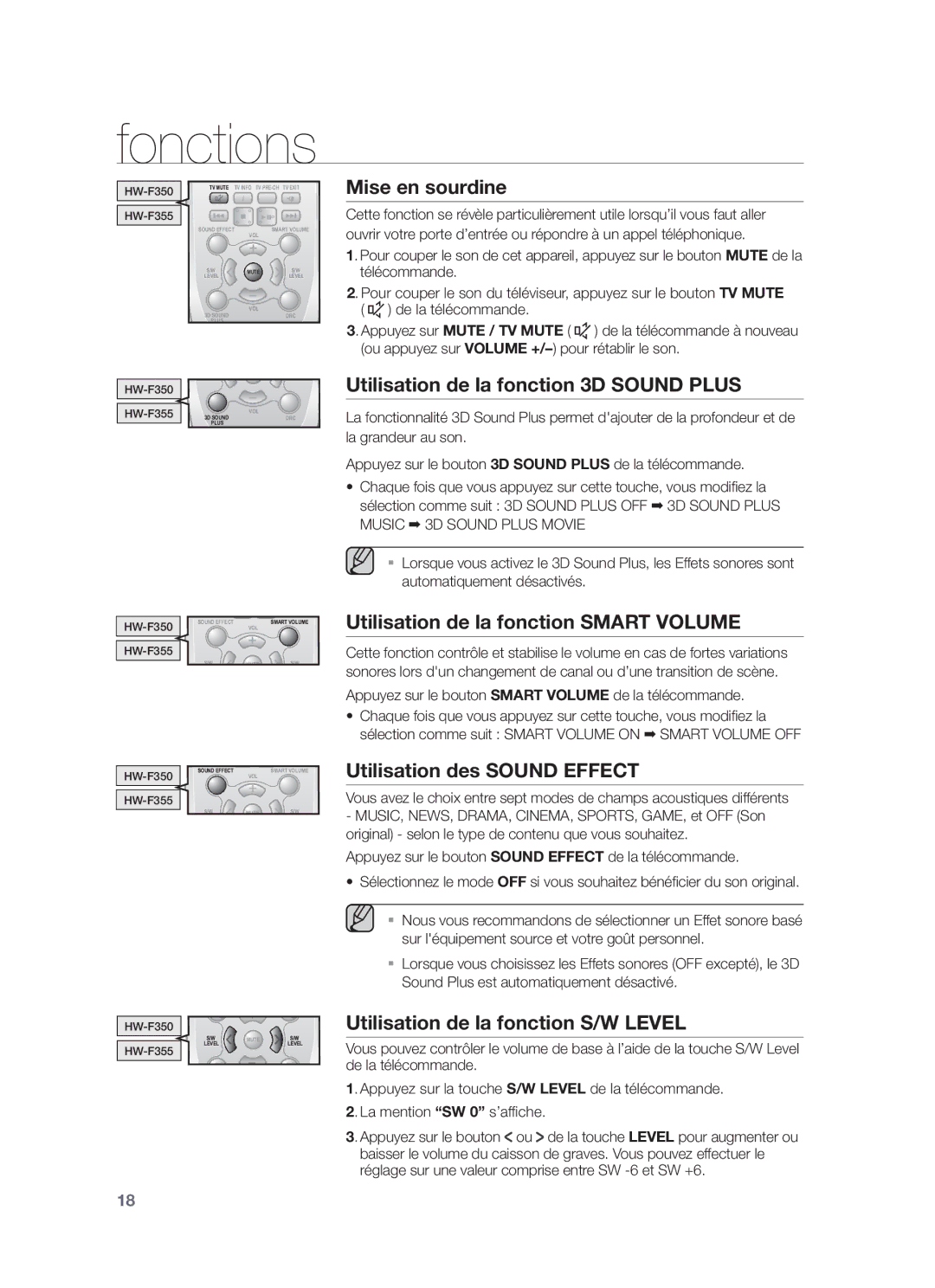 Samsung HW-F355/XN Mise en sourdine, Utilisation de la fonction 3D Sound Plus, Utilisation de la fonction Smart Volume 