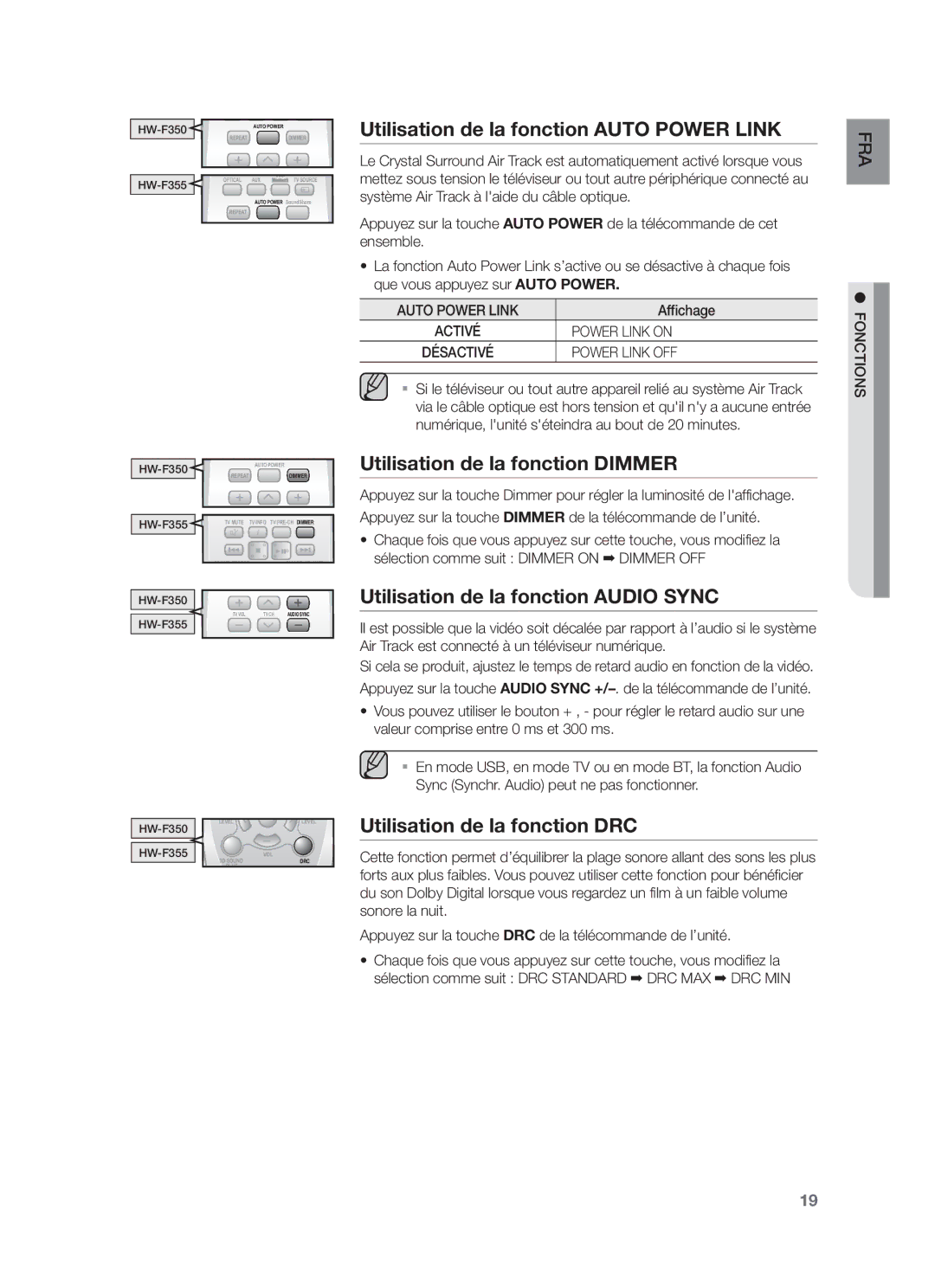 Samsung HW-F355/ZF, HW-F355/EN, HW-F350/XN Utilisation de la fonction Auto Power Link, Utilisation de la fonction Dimmer 