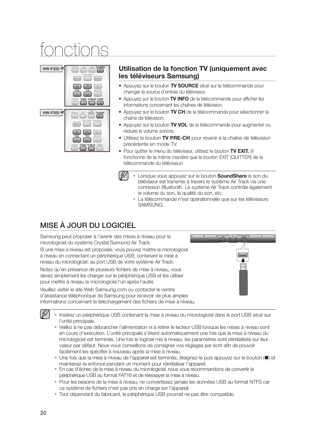 Samsung HW-F350/ZF manual Mise À Jour DU Logiciel, La télécommande nest opérationnelle que sur les téléviseurs, Samsung 