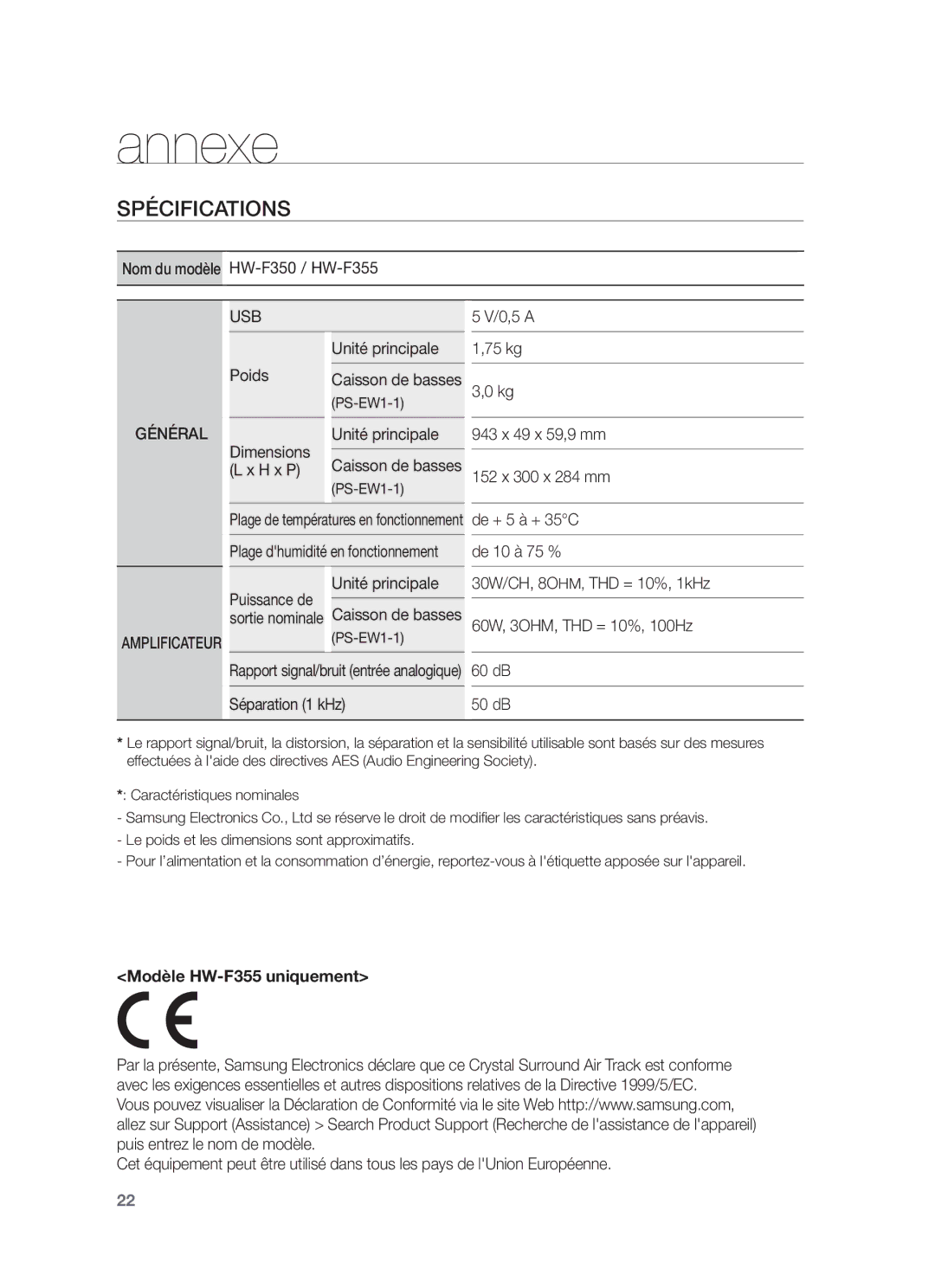 Samsung HW-F350/XN, HW-F355/EN, HW-F355/TK, HW-F350/EN, HW-F355/XN Annexe, Spécifications, Caisson de basses PS-EW1-1 