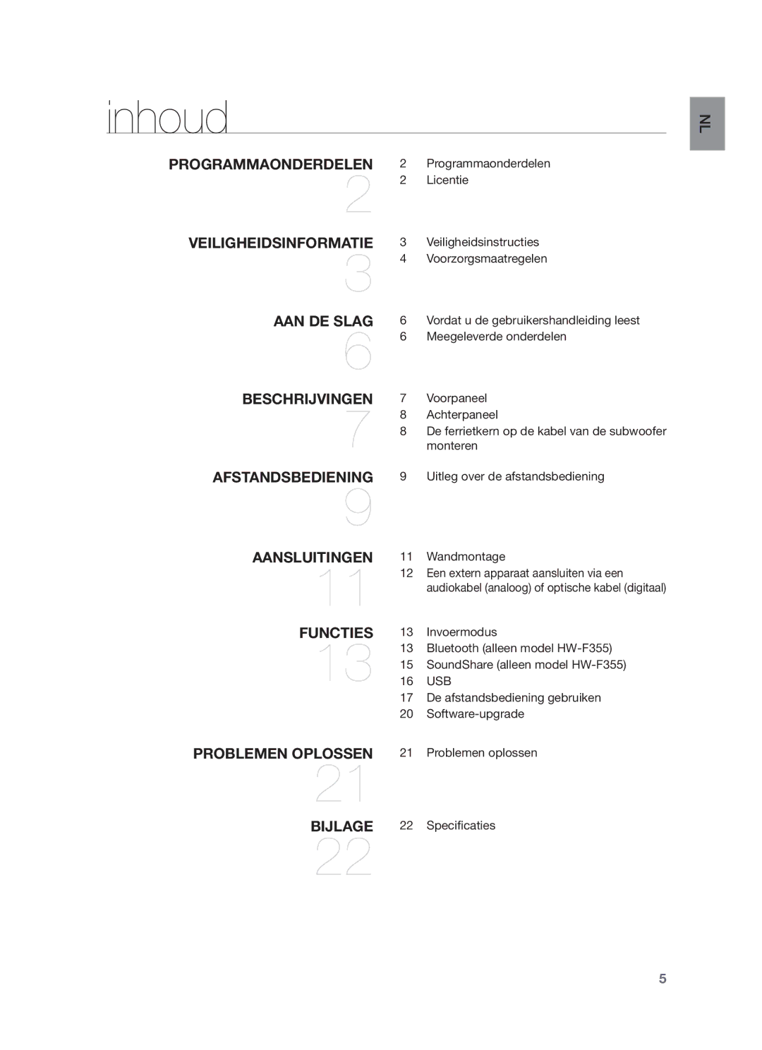 Samsung HW-F355/EN, HW-F350/XN, HW-F355/TK, HW-F350/EN, HW-F355/XN, HW-F355/ZF, HW-F350/ZF manual Inhoud, Usb 