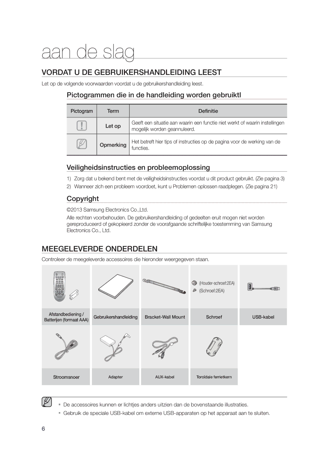 Samsung HW-F350/XN, HW-F355/EN, HW-F355/TK Aan de slag, Vordat U DE Gebruikershandleiding Leest, Meegeleverde Onderdelen 