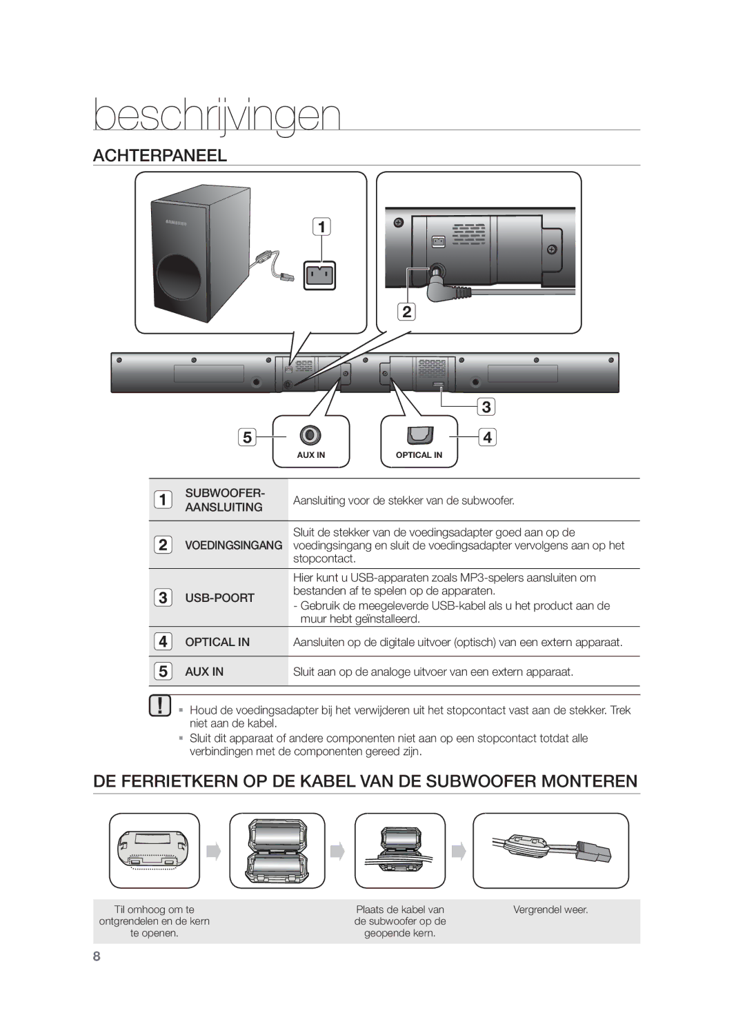 Samsung HW-F350/EN, HW-F355/EN Achterpaneel, DE Ferrietkern OP DE Kabel VAN DE Subwoofer Monteren, Usb-Poort, Optical, Aux 