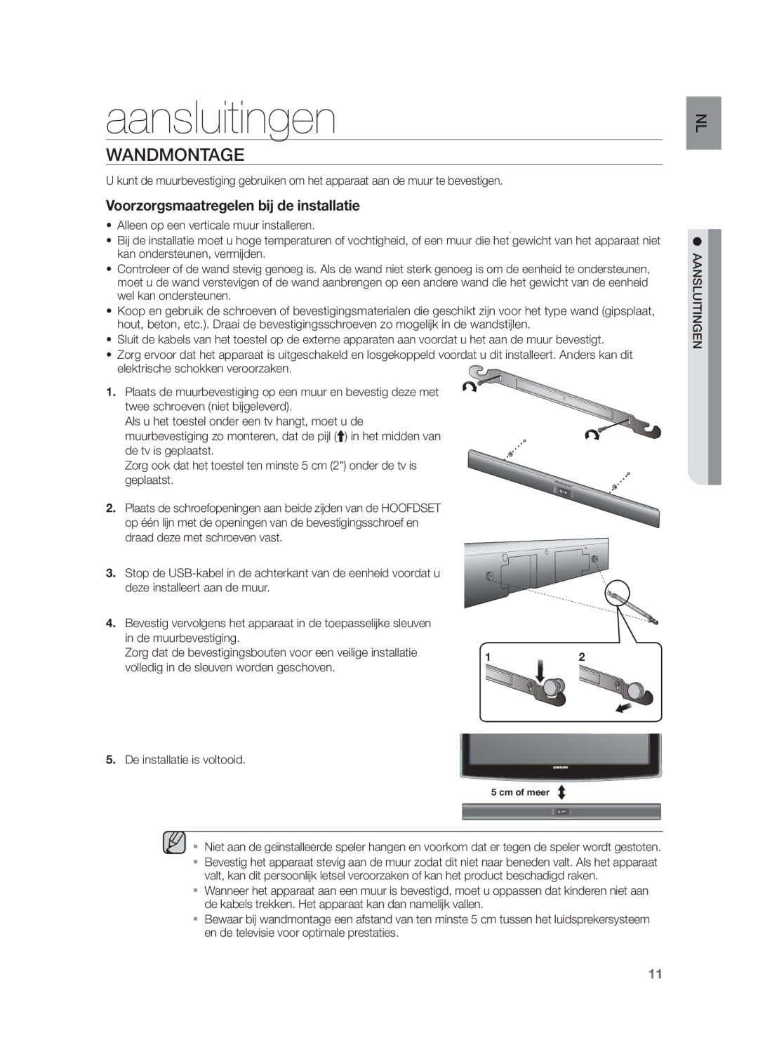 Samsung HW-F350/ZF, HW-F355/EN, HW-F350/XN, HW-F355/TK, HW-F350/EN, HW-F355/XN, HW-F355/ZF manual Aansluitingen, Wandmontage 