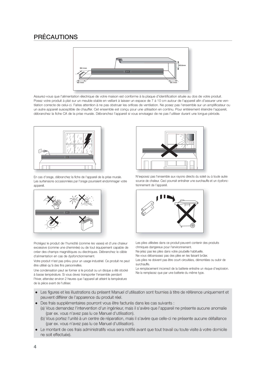 Samsung HW-F355/XN, HW-F355/EN, HW-F350/XN, HW-F355/TK, HW-F350/EN, HW-F355/ZF, HW-F350/ZF manual Précautions 