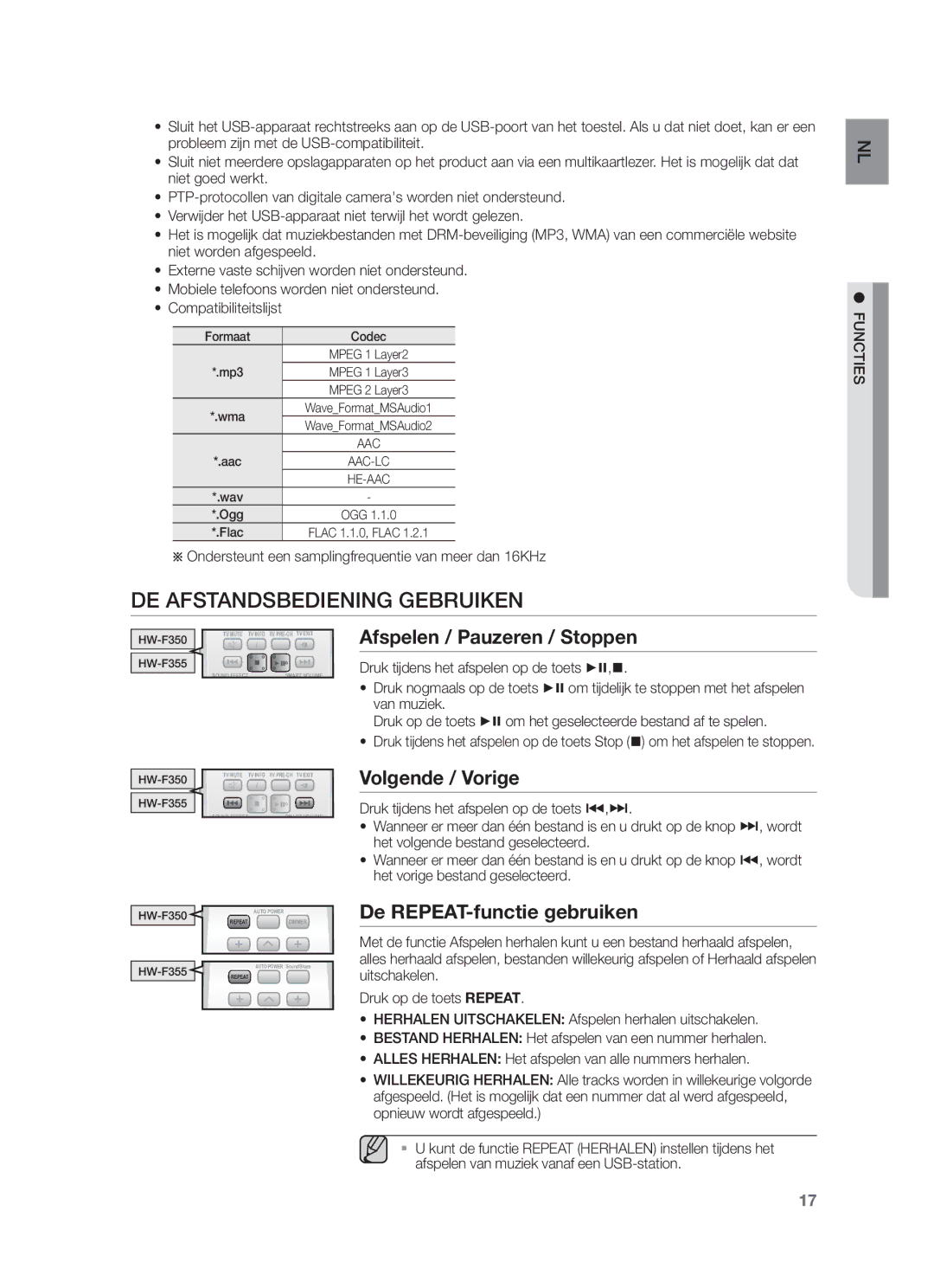 Samsung HW-F355/ZF, HW-F355/EN, HW-F350/XN DE Afstandsbediening Gebruiken, Afspelen / Pauzeren / Stoppen, Volgende / Vorige 