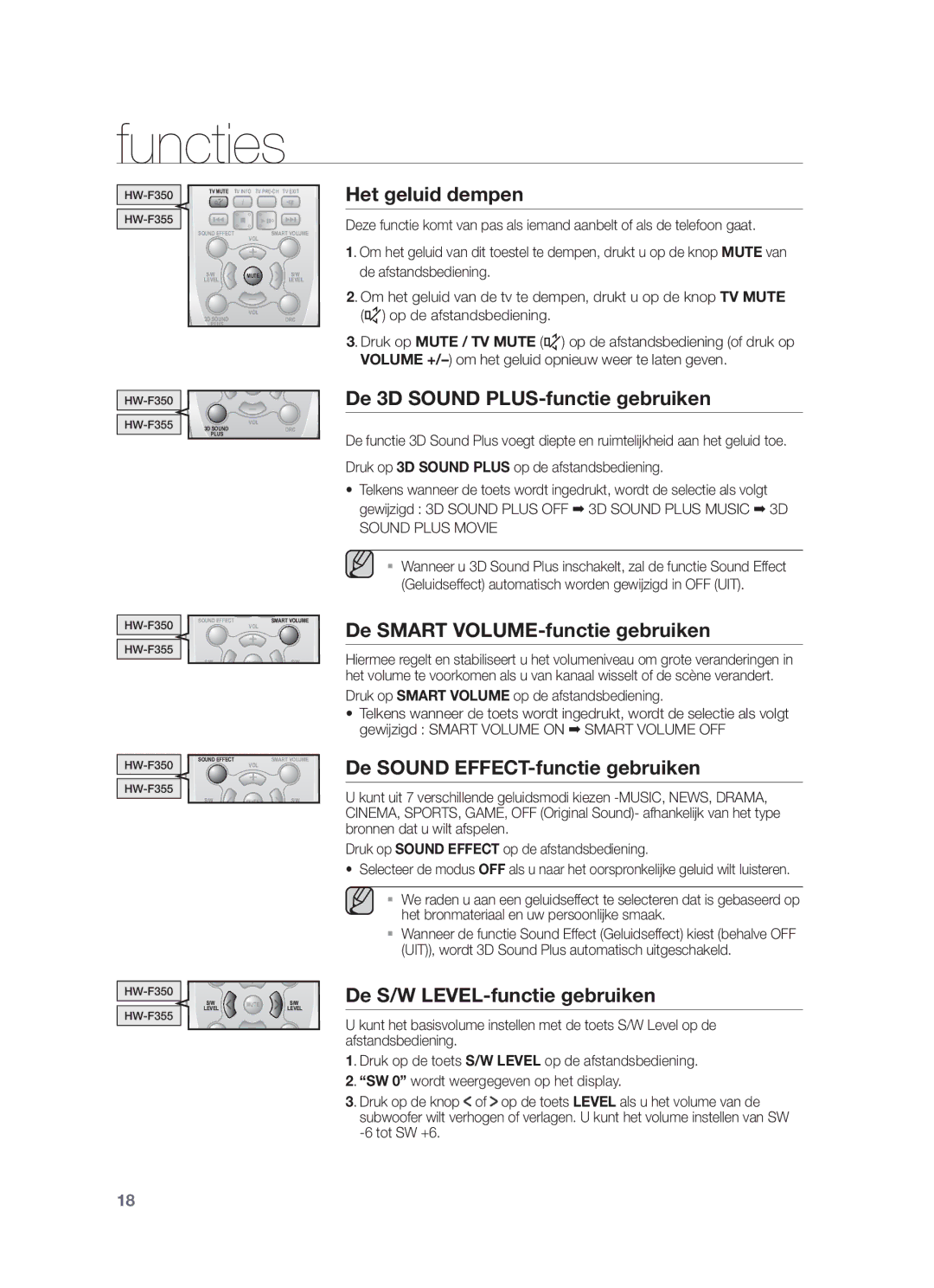 Samsung HW-F350/ZF, HW-F355/EN Het geluid dempen, De 3D Sound PLUS-functie gebruiken, De Smart VOLUME-functie gebruiken 