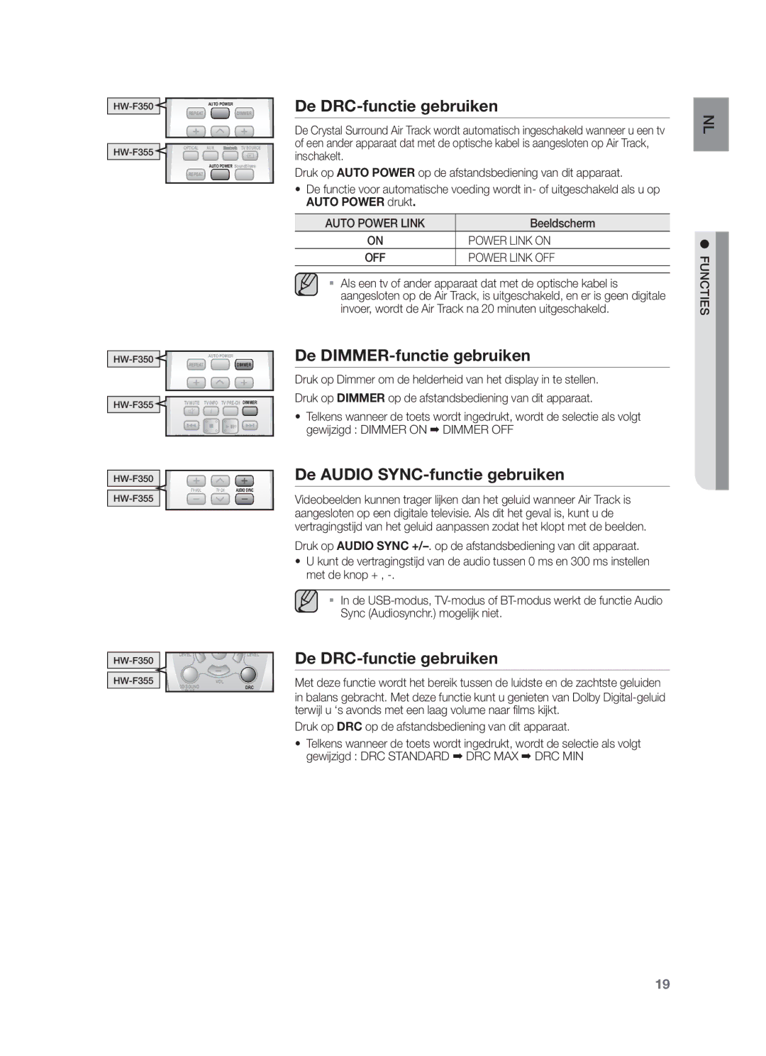 Samsung HW-F355/EN, HW-F350/XN manual De DRC-functie gebruiken, De DIMMER-functie gebruiken, De Audio SYNC-functie gebruiken 