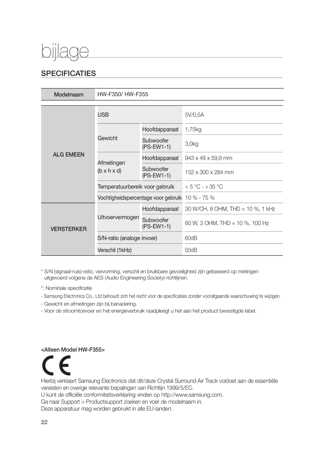 Samsung HW-F350/EN, HW-F355/EN manual Bijlage, Specificaties, H x dSubwoofer PS-EW1-1, Uitvoervermogen Subwoofer PS-EW1-1 