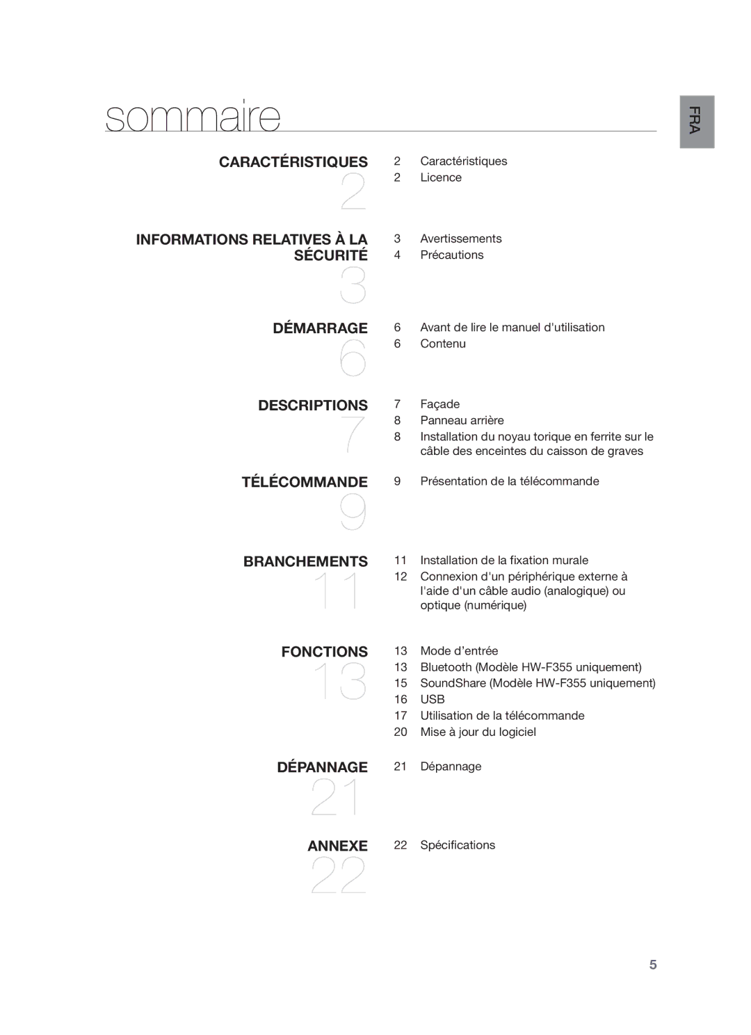 Samsung HW-F355/ZF, HW-F355/EN, HW-F350/XN, HW-F355/TK, HW-F350/EN Sommaire, Caractéristiques 2 Caractéristiques 2 2 Licence 